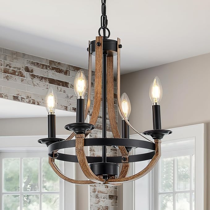 Rustic Drum Chandelier – Wood & Black Metal