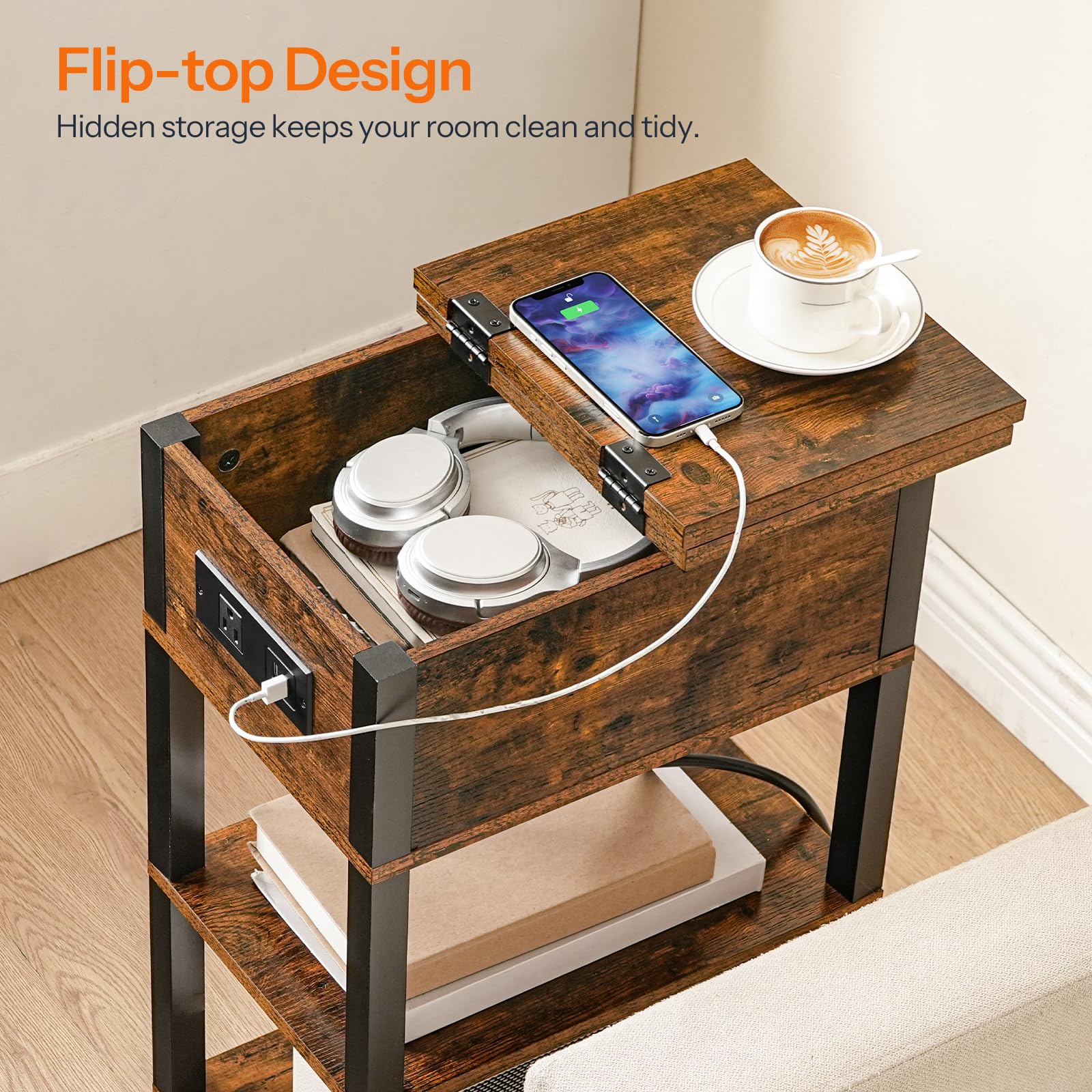 End Table with Charging Station & Storage Shelves