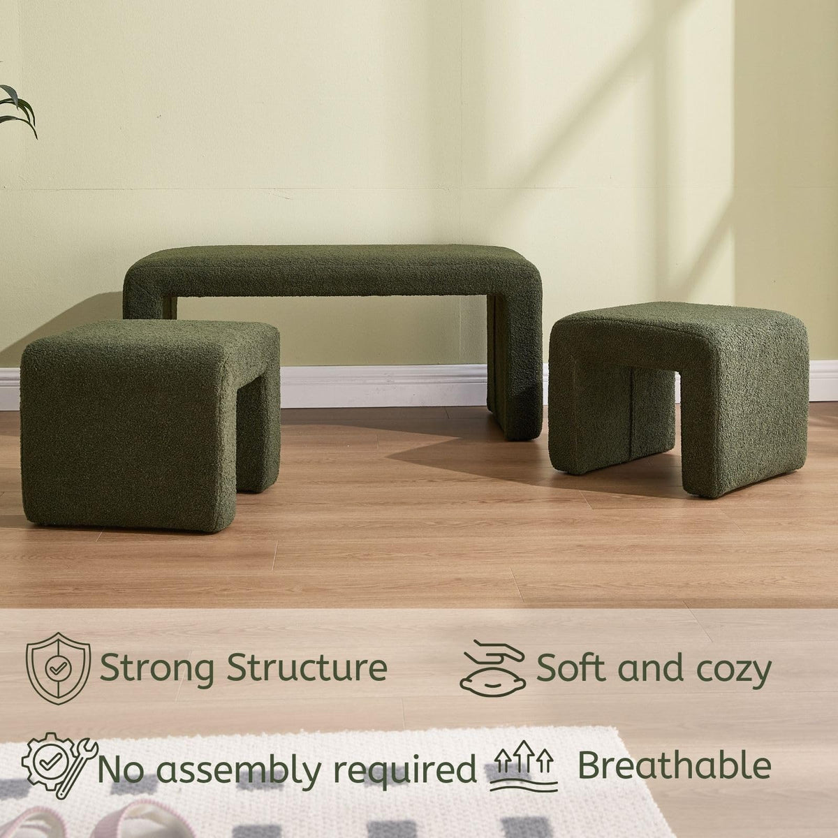 LukeAlon 3-Piece Nesting Ottoman Bench Set, 40.5" Wide Upholstered End of Bed Bench with 2 Small Stools Sherpa Comfy Entry Bench Vanity Stools Modern Arched Bench for Living Room Bedroom, Green