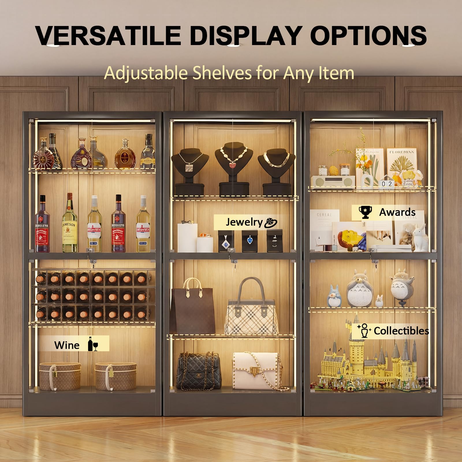 4-Tier Glass Display Cabinet with LED Lighting & Lock