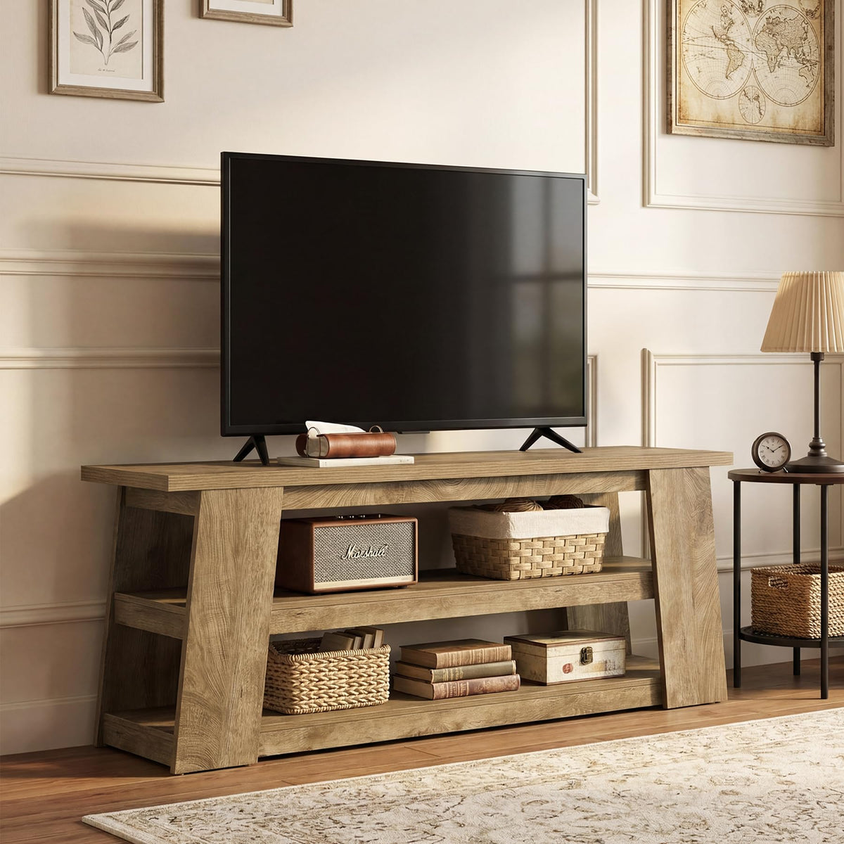 LITTLE TREE TV Stand with Storage for 65 Inch TV, Entertainment Center with Shelves, Modern Ladder Media Display Console for Living Room, Apartment, Brown
