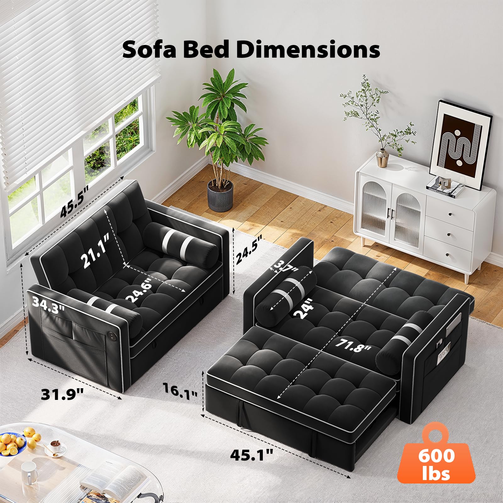 3-in-1 Convertible Sleeper Sofa Bed with USB Ports