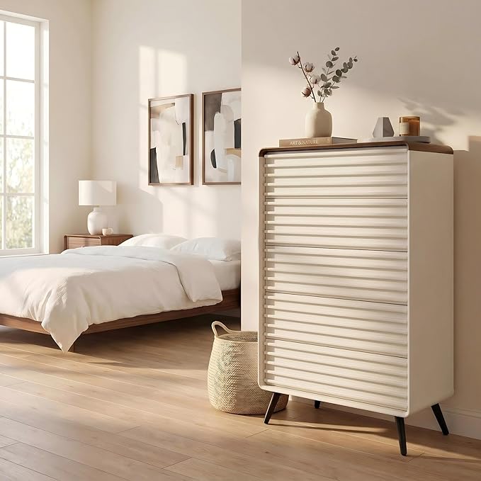 5-Drawer Fluted Dresser with Tapered Legs