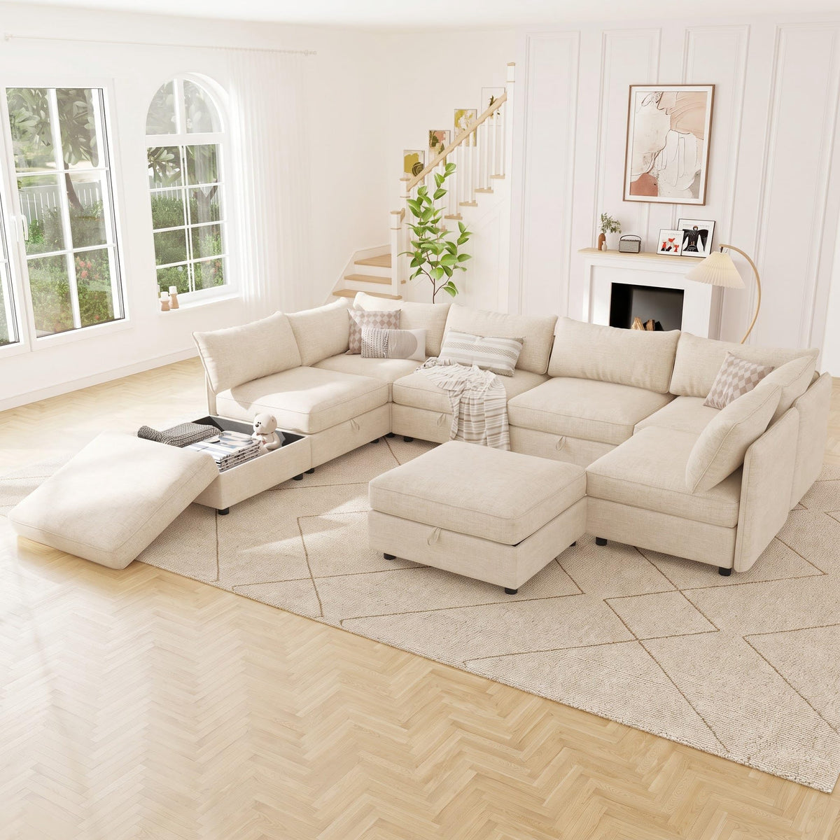 129'' Modular Sectional Sofa,8 Seat Chenille Sectional Sofa with Removable Covers,FSC Certified Modern Sectional Sofa with Storage & Ottoman,Convertible U/L Shaped Couch,Beige Couches for Living Room
