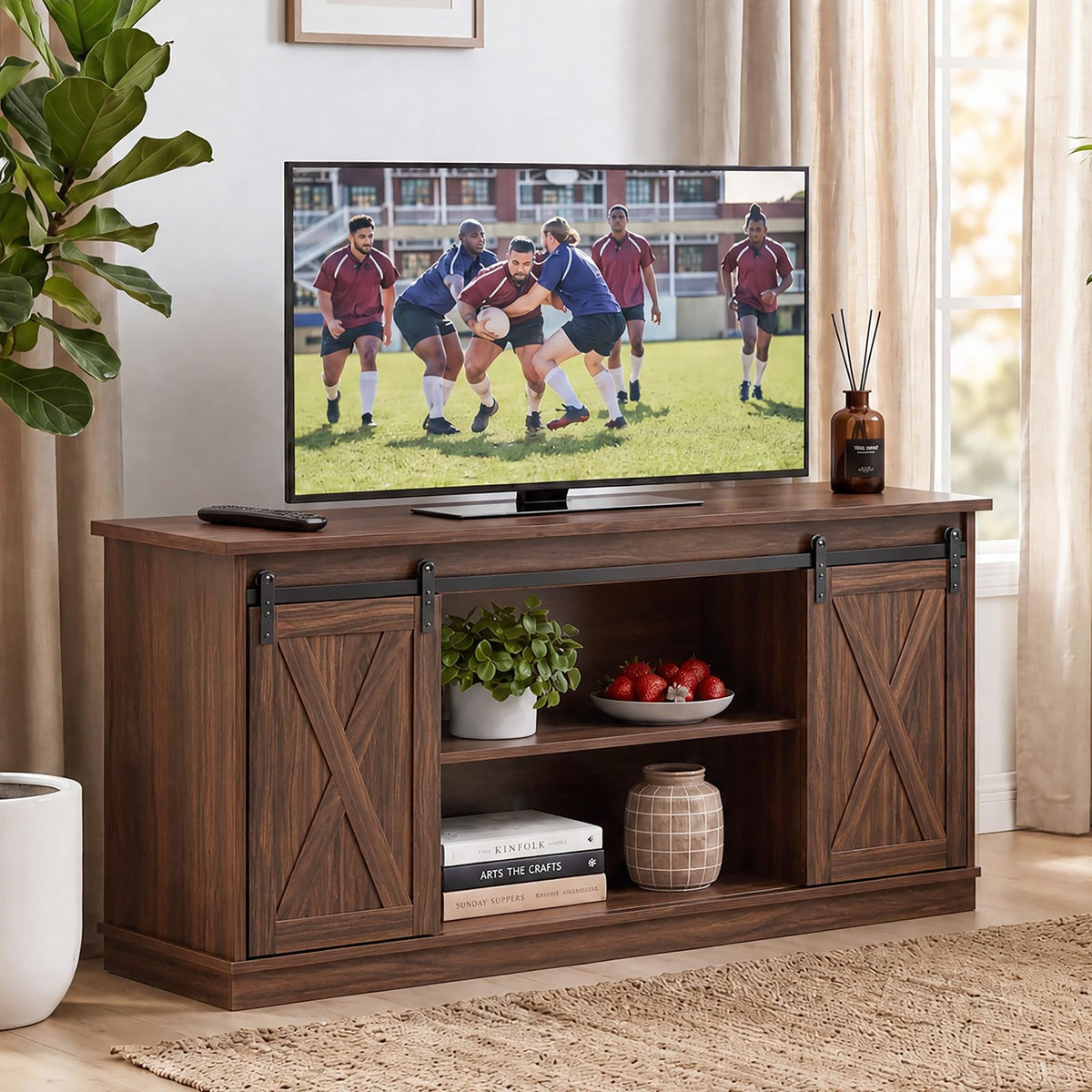 DUMOS Farmhouse TV Stand for Up to 65 Inch TVs, Entertainment Center for Living Room & Bedroom, TV Console Table with Sliding Barn Door, Storage, Holds up to 300 lbs, Rust