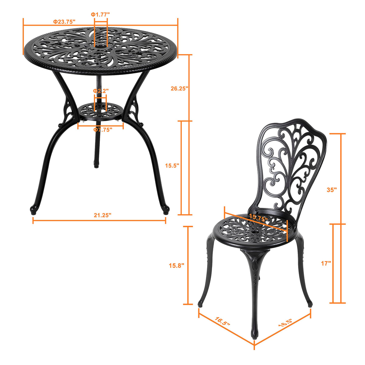 Nuu Garden 3 Piece Outdoor Bistro Table Set, All Weather Cast Aluminum Patio Bistro Sets Patio Table and Chairs Set of 2 with Umbrella Hole for Yard, Balcony, Black