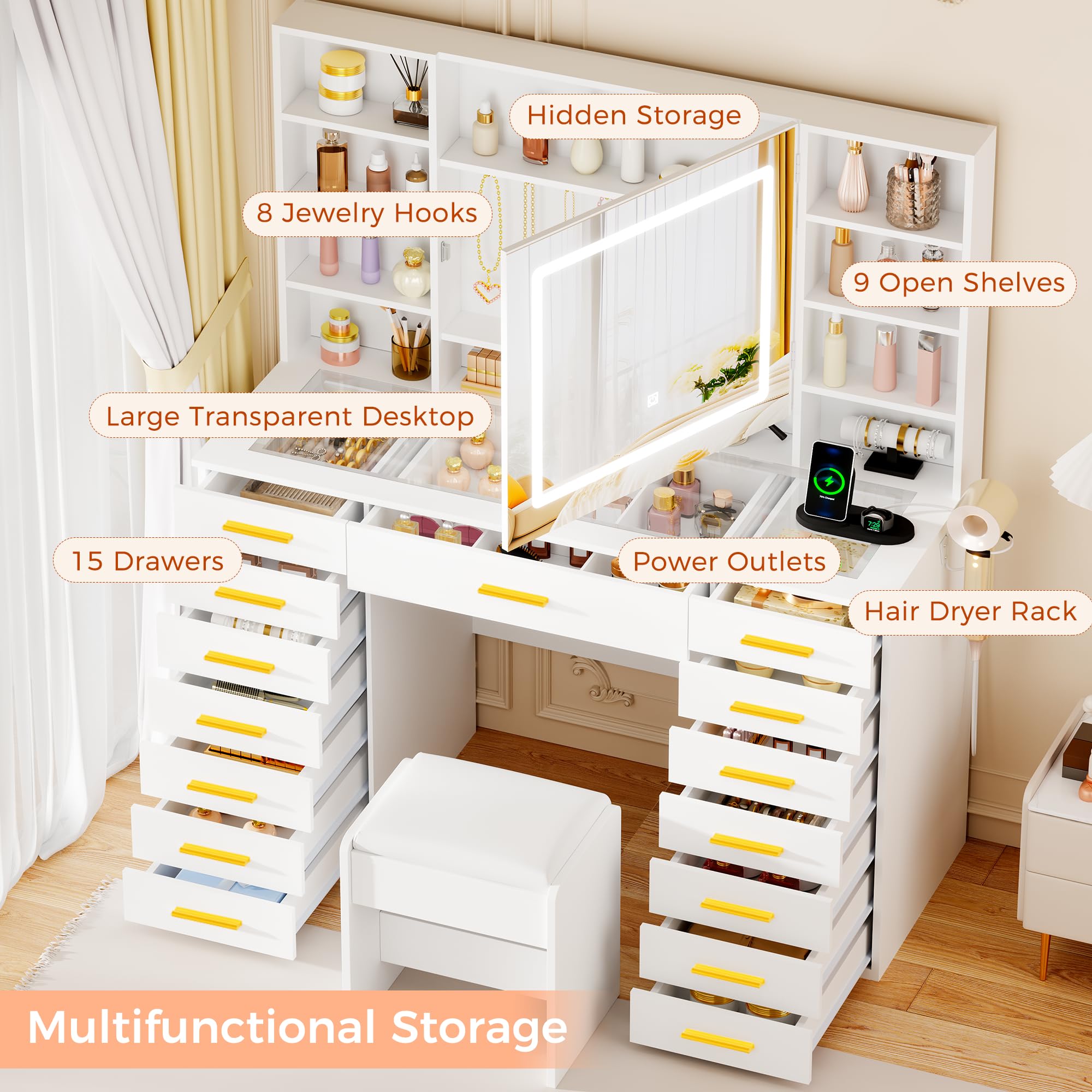 YUNSCEND White Vanity Desk with LED Lighted Mirror, 15 Drawers Makeup Vanity Table with Transparent Glass Top Power Outlet 9 Shelves 8 Hooks Large Dressing Table with Stool for Girls Women UXFST012W