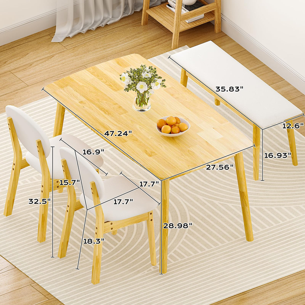 Karl home 4-Piece Farmhouse Dining Set, w/Bench&Chairs,Solidwood, Nature