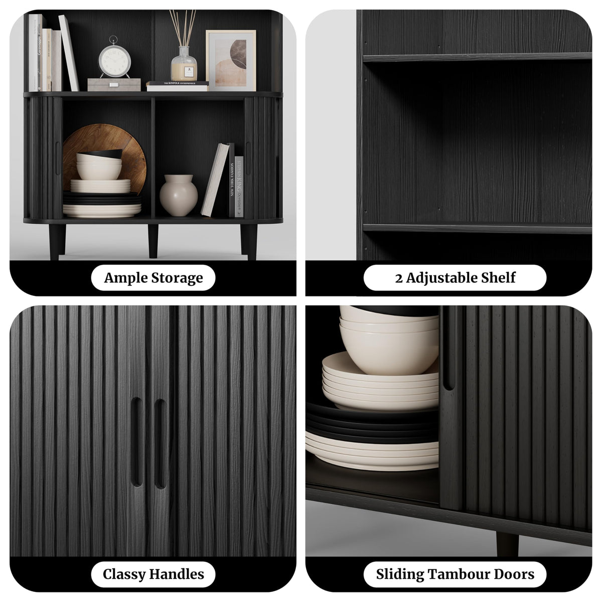 DHH 71" Tall Arched Bookshelf, 5 Tiers Arch Bookcase with Storage, Modern Farmhouse Book Shelf with Adjustable Shelves ＆Sliding Doors, Wood Display Cabinet for Living Room, Office (Black)