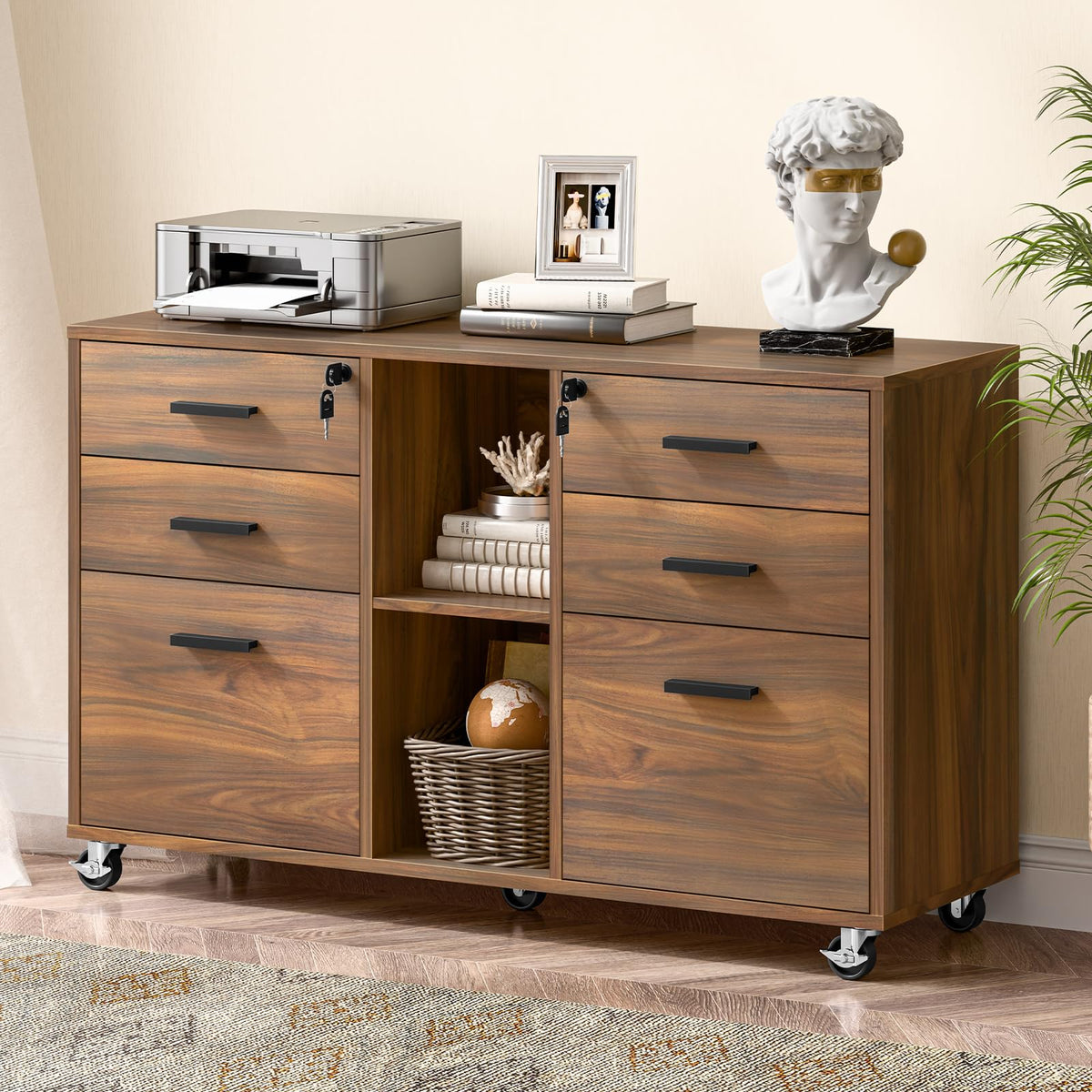 Mobile Lateral File Cabinet with Lock, Rolling Filing Cabinet, Brown
