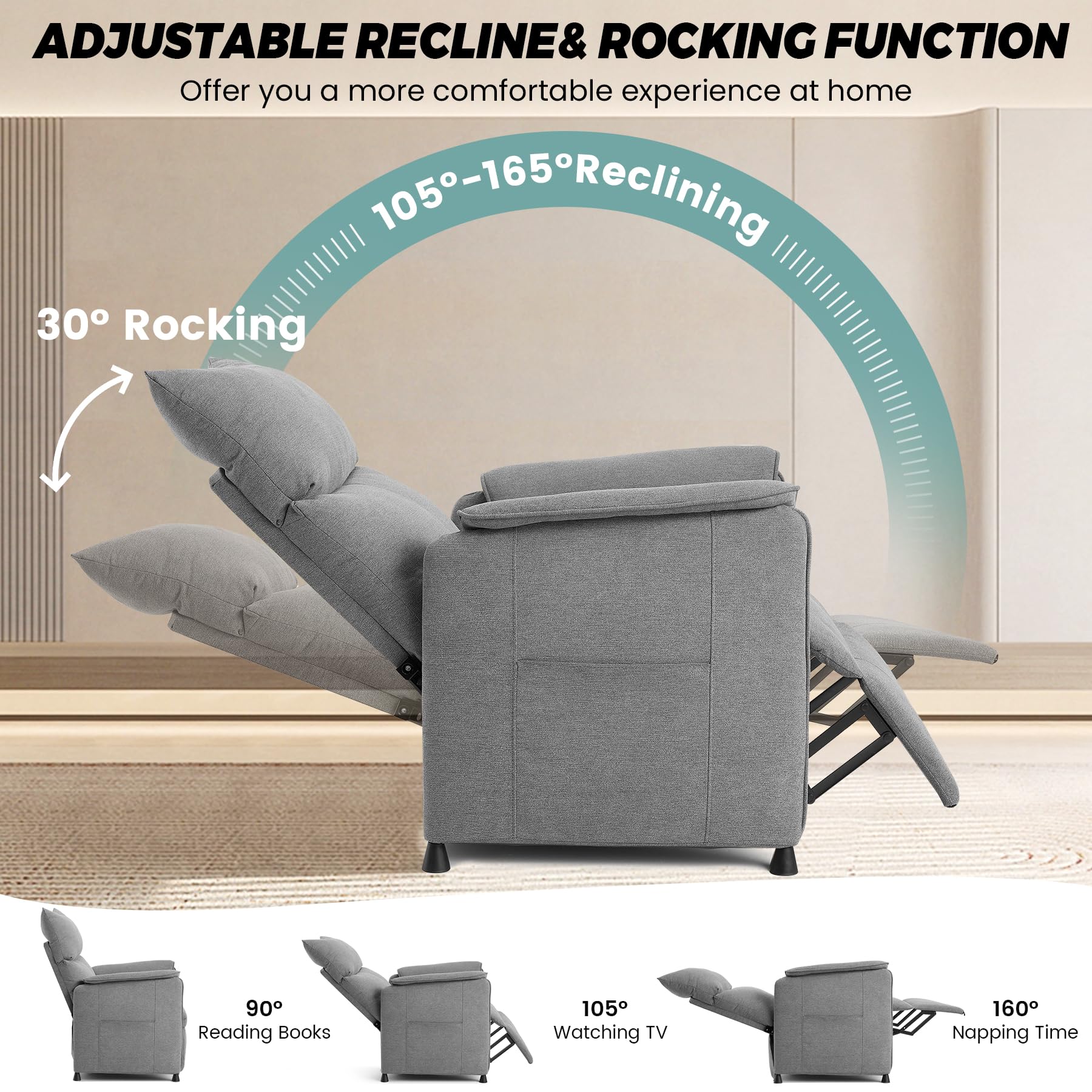 GarveeHome Elertric Recliner Chair with Massage and Heat, Adjustable Single Recliners Sofa with Remote Control Home Theater Seating &Armchair for Living Room/Office (Fabric, Grey)