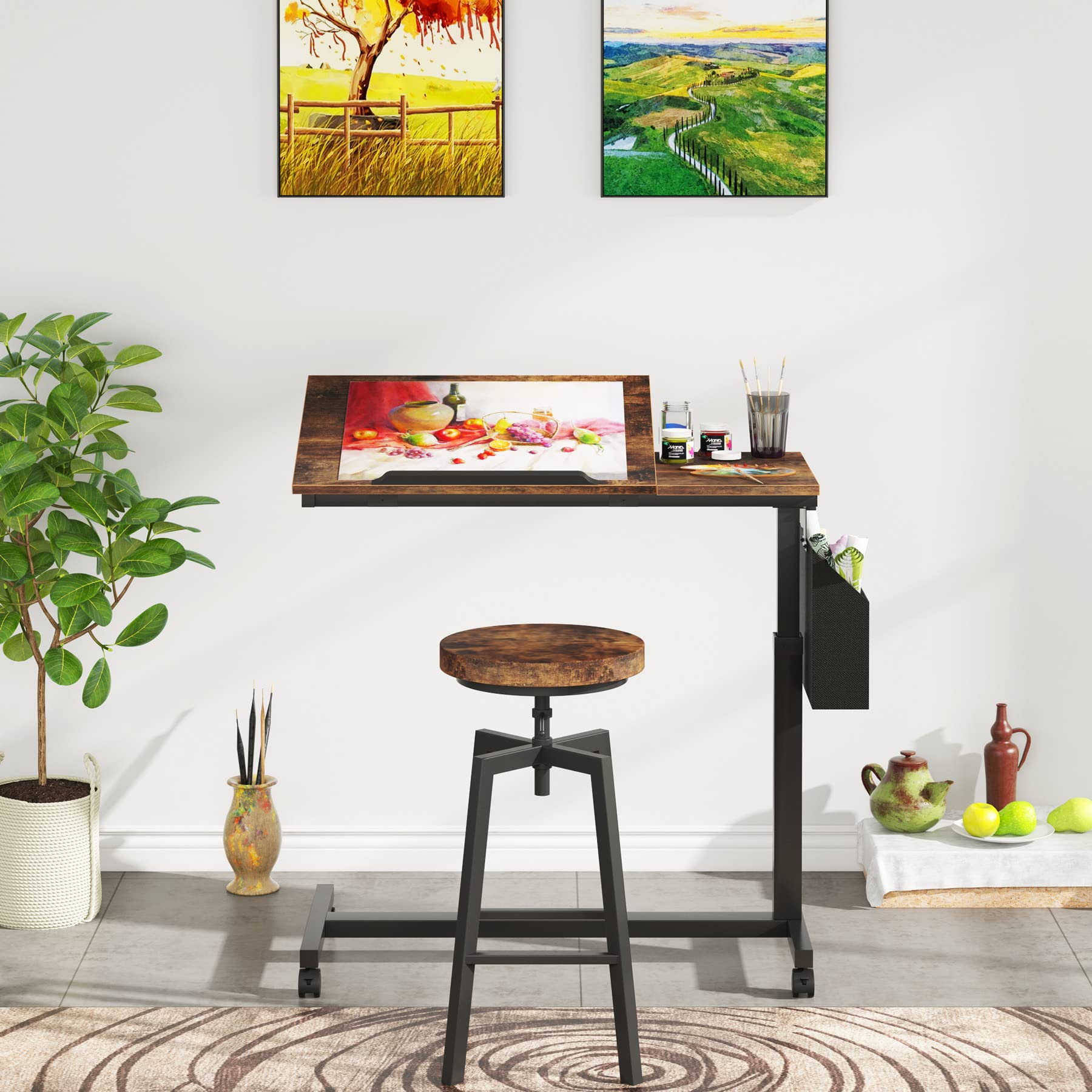 Height Adjustable C-Shaped End Table with Wheels