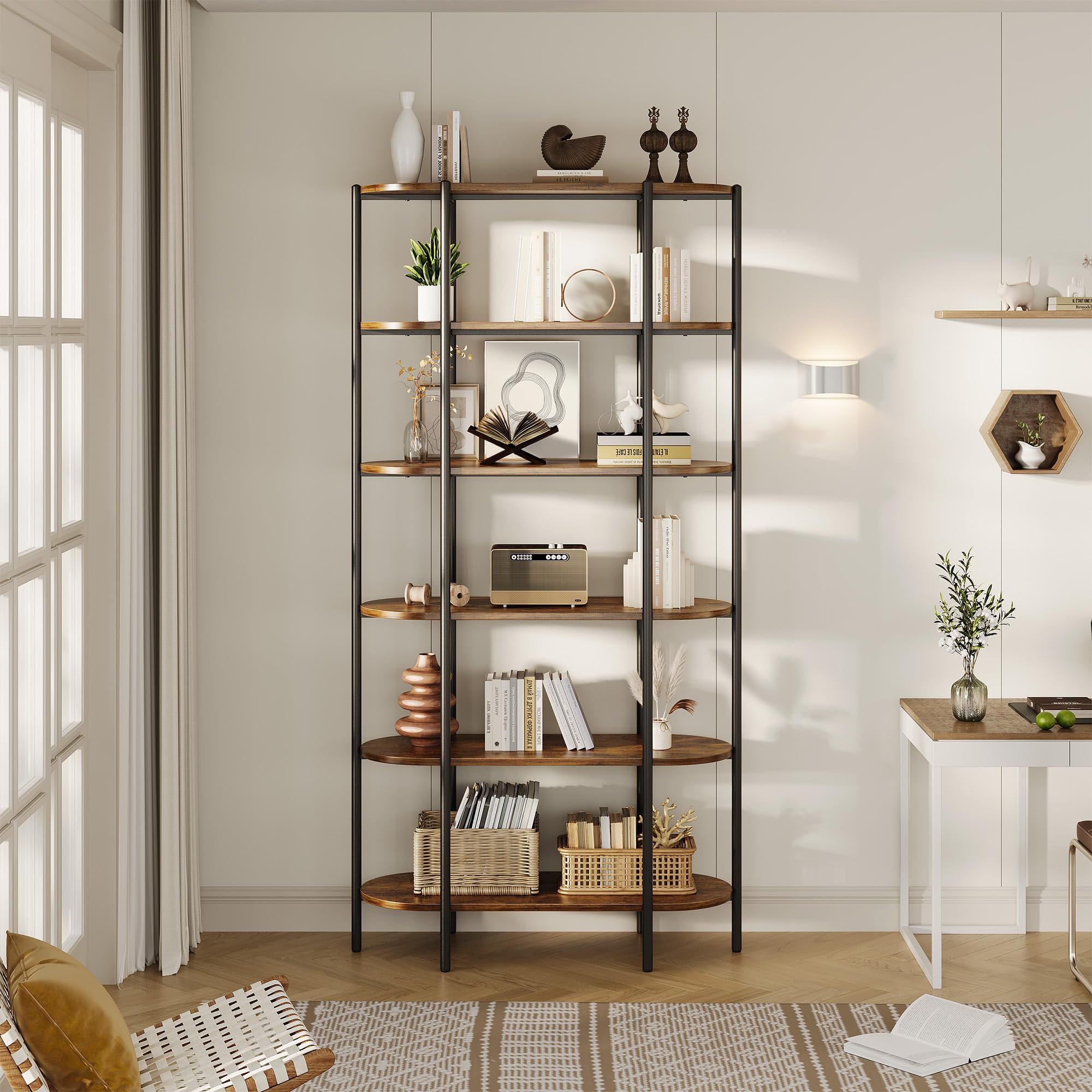 6-Tier Industrial Bookshelf with Metal Frame
