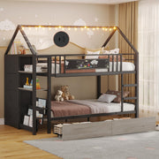 House Shaped Twin Over Twin Bunk Bed with Storage & Lights