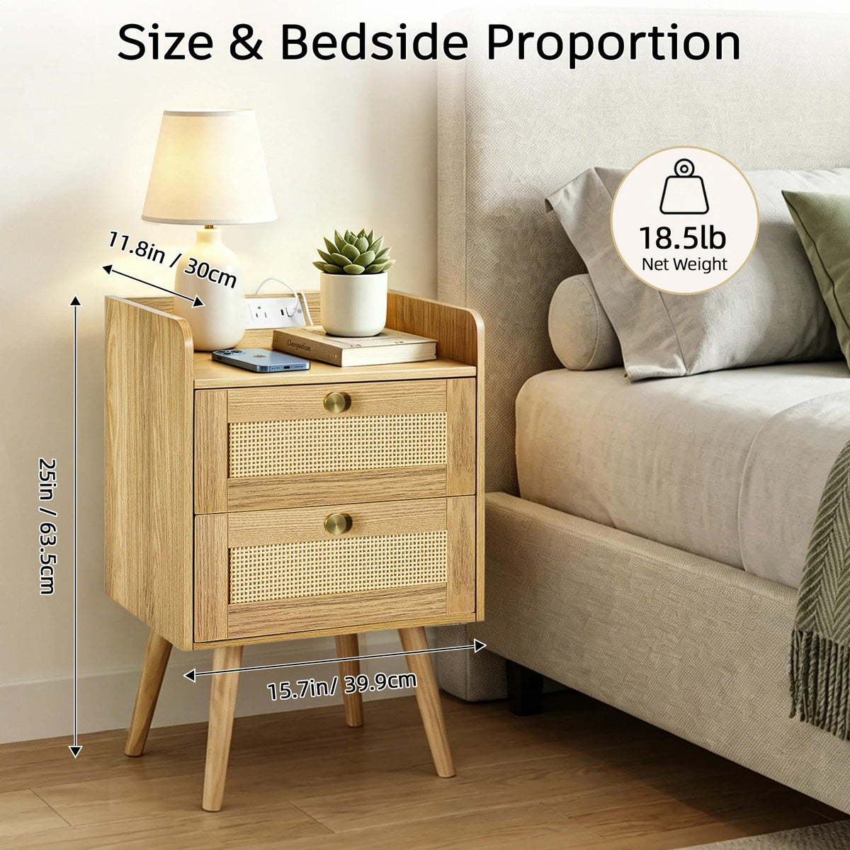 Rattan Nightstands with Charging Station, Set of 2