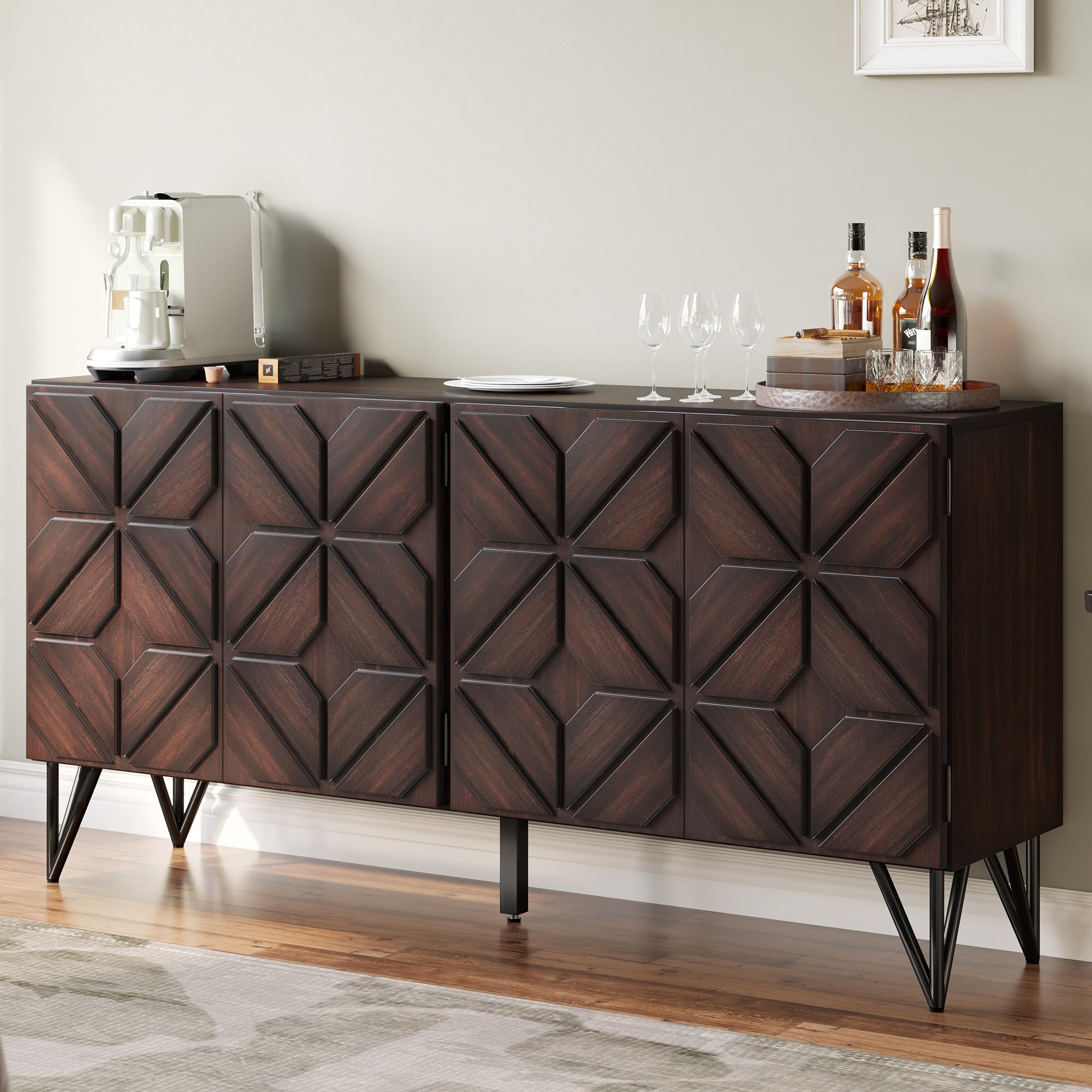 63" Wood Sideboard Buffet Cabinet with Hand-Carved Doors