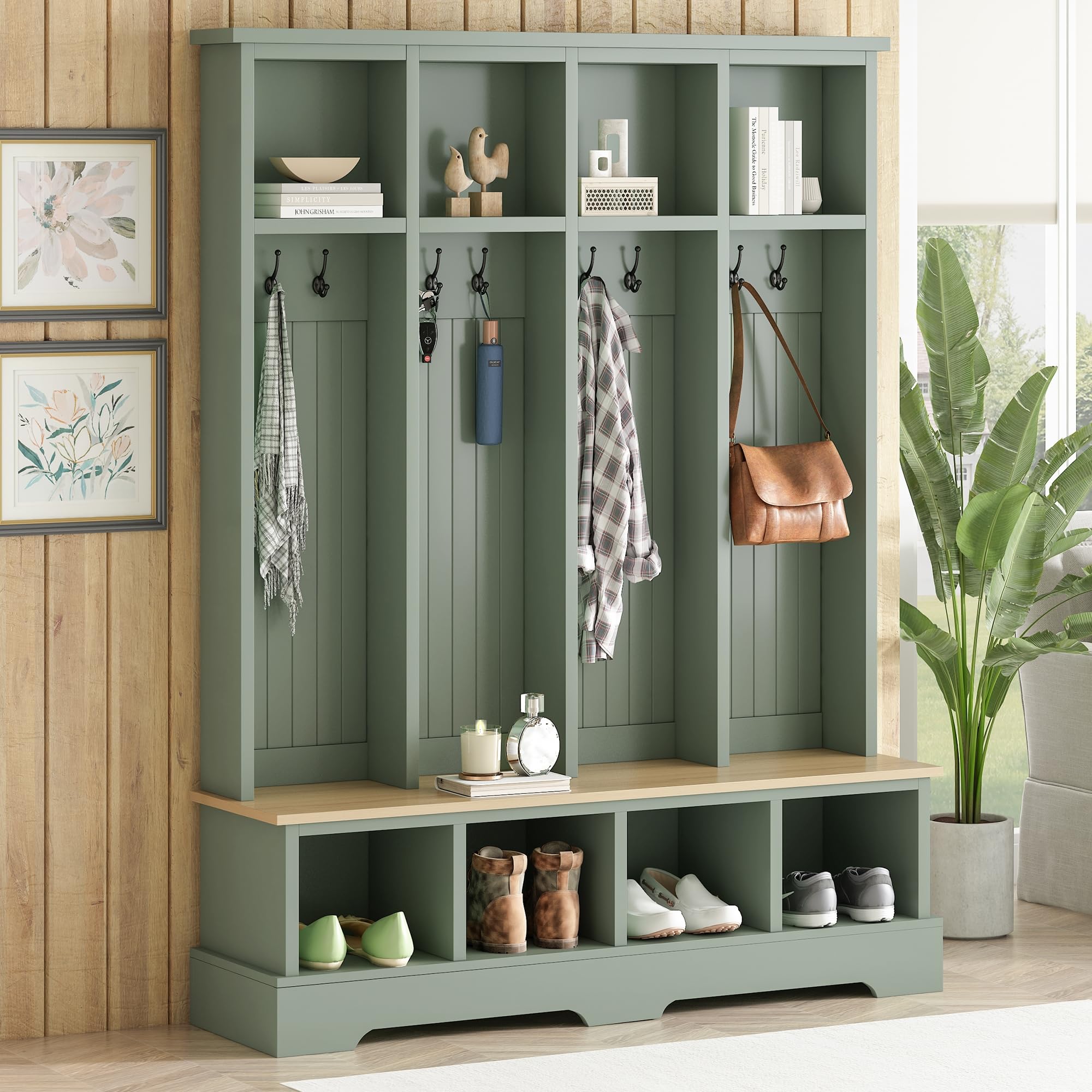 Farmhouse Hall Tree with Bench & Shoe Storage
