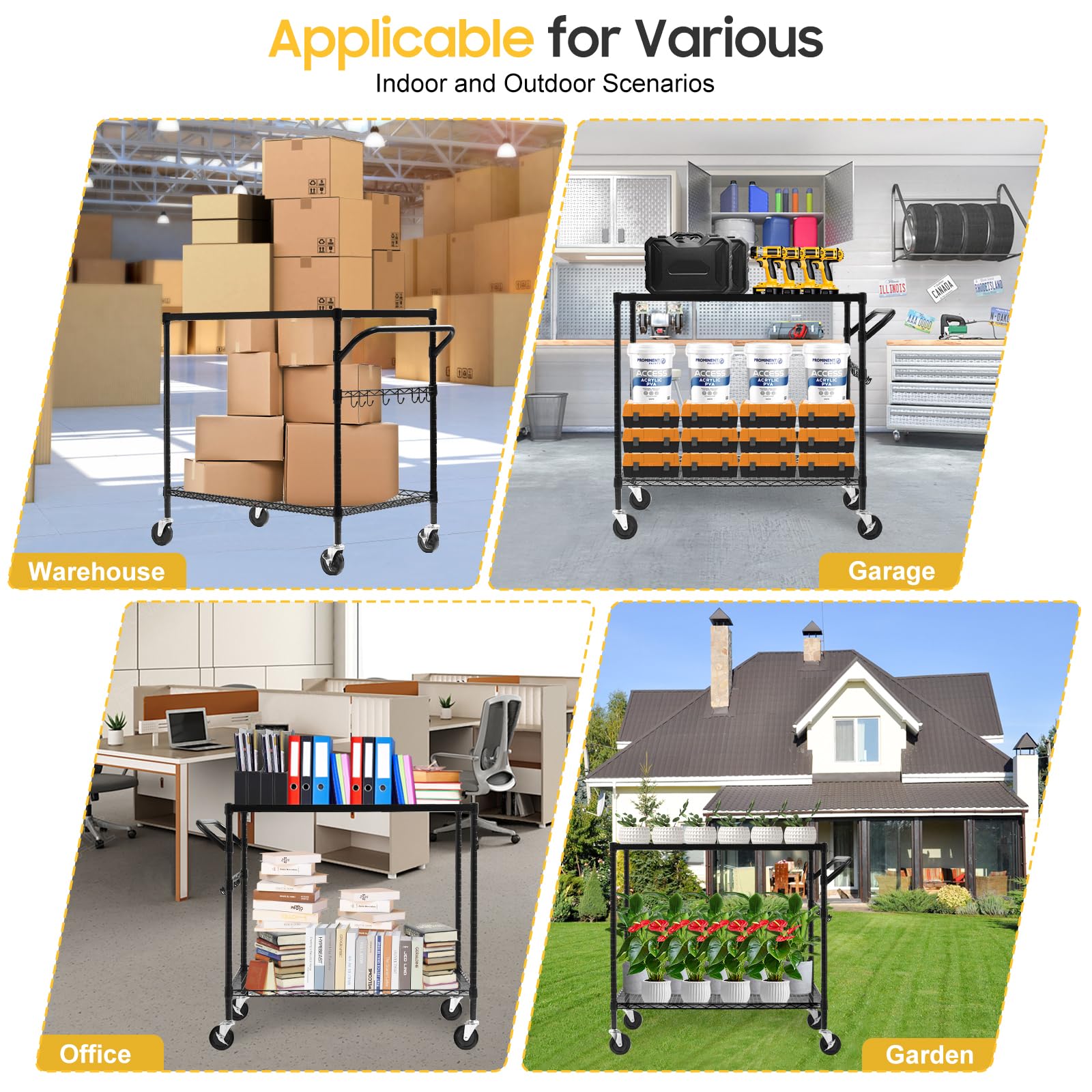 WDT 2-Tier Utility Cart with Wheels, Metal Cart with 1000LBS Capacity, NSF Heavy Duty Rolling Cart, Commercial Grade Serving Tool Storage Carts for Warehouse Garage Kitchen, 24"D x 40"W x 39"H, Black