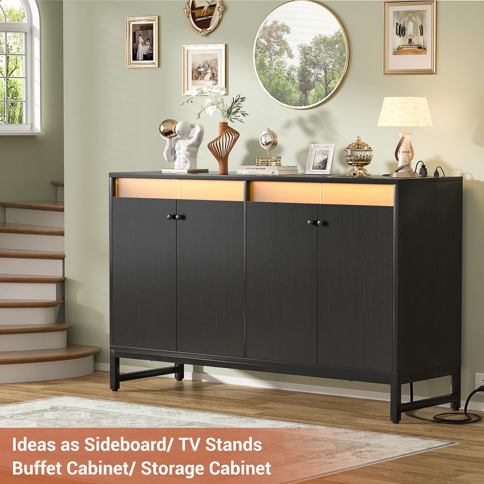 Aheaplus Sideboard Buffet Cabinet with Power Outlet, Kitchen Storage Cabinet with LED Light & Doors, Accent Cabinets Cupboard Buffet Table with Storage for Dining Room, Living Room, Hallway, Black