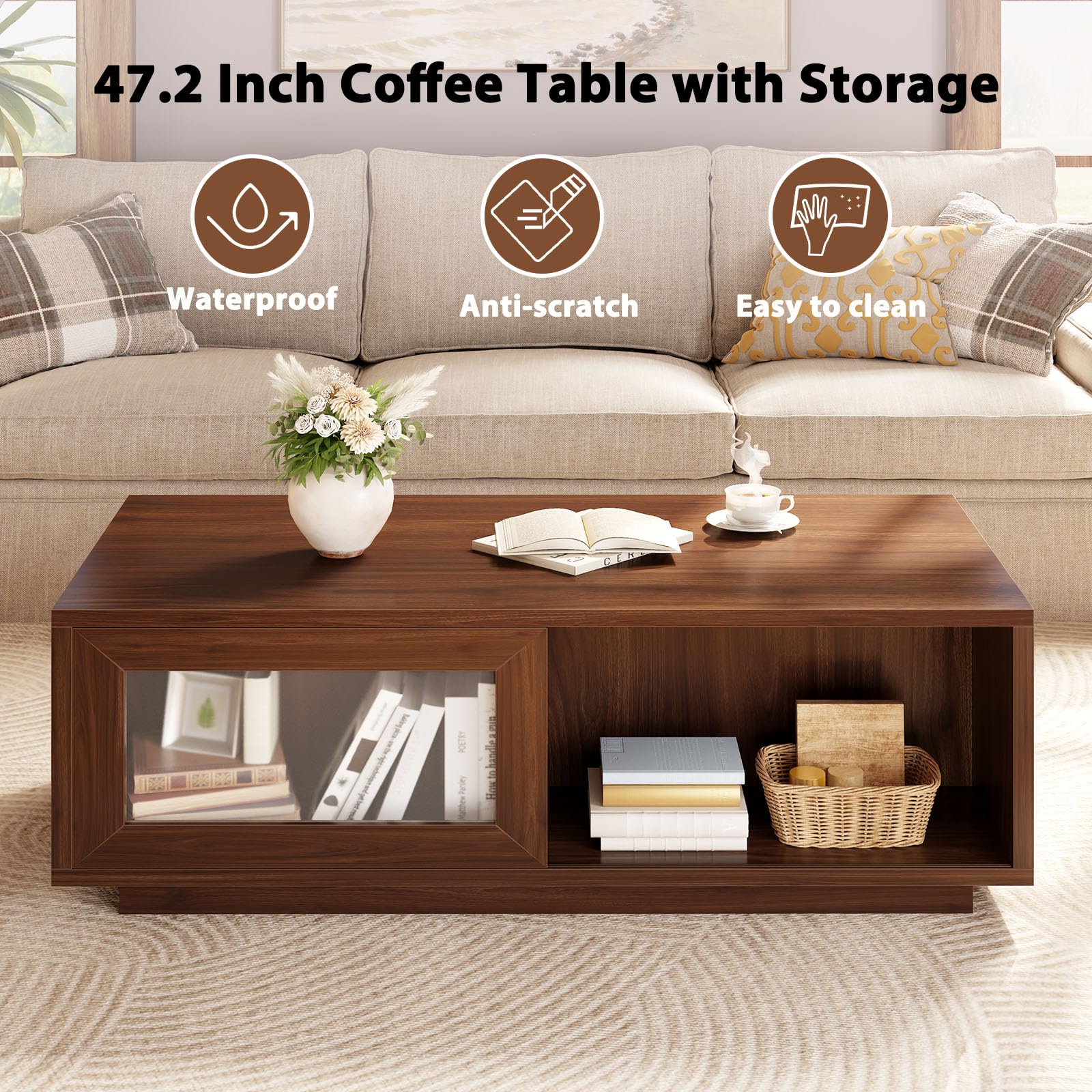 HSH Walnut Coffee Table for Living Room, 47 Inch Modern Wood Rectangle Coffee Tables with Sliding Door and Storage Open Shelf, Large Low Center Table for Home Decor