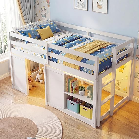Twin Low Loft Bed with LED Lights, 2 Doors & Storage Bookcase