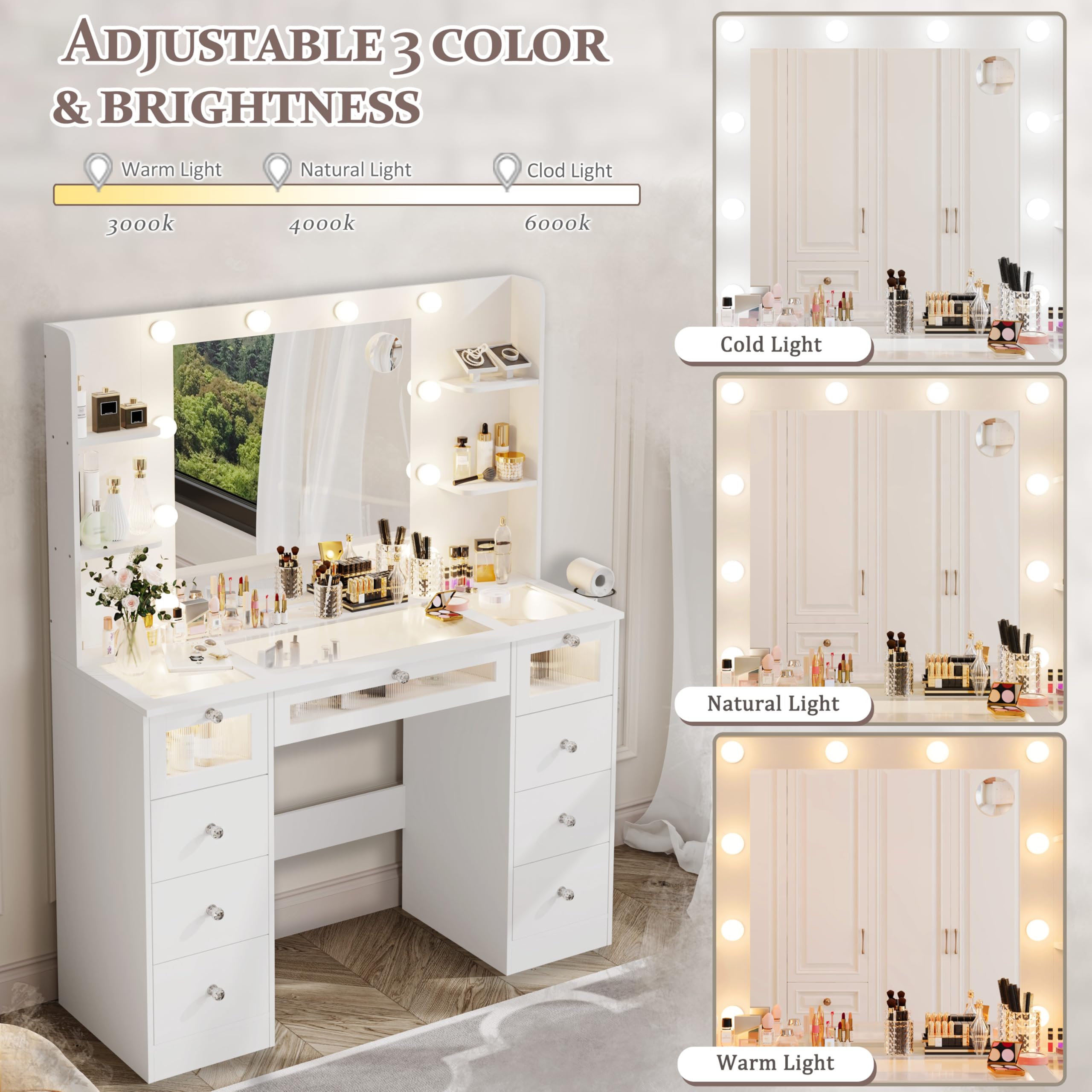 VQRhome White Vanity with Lighted 23.5” Mirror, Glass Top Vanity Desk with 9 Drawers & 3 Color Hollywood Bulbs & 4 Shelves & Acrylic & Power Outlet, Makeup Desk Dressing Table for Bedroom