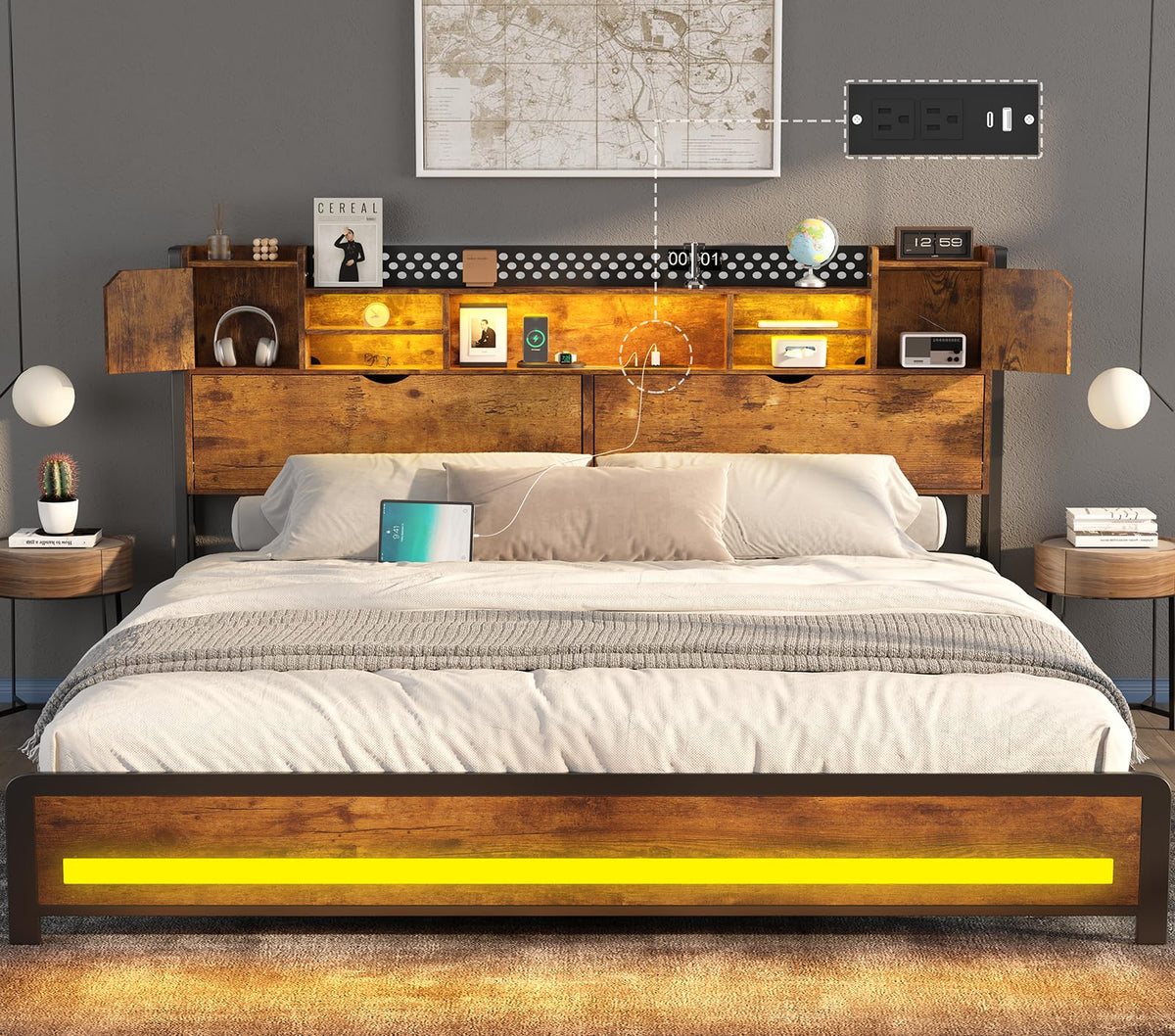 CSZZD King Size Bed Frame and Storage Headboard & LED Lights