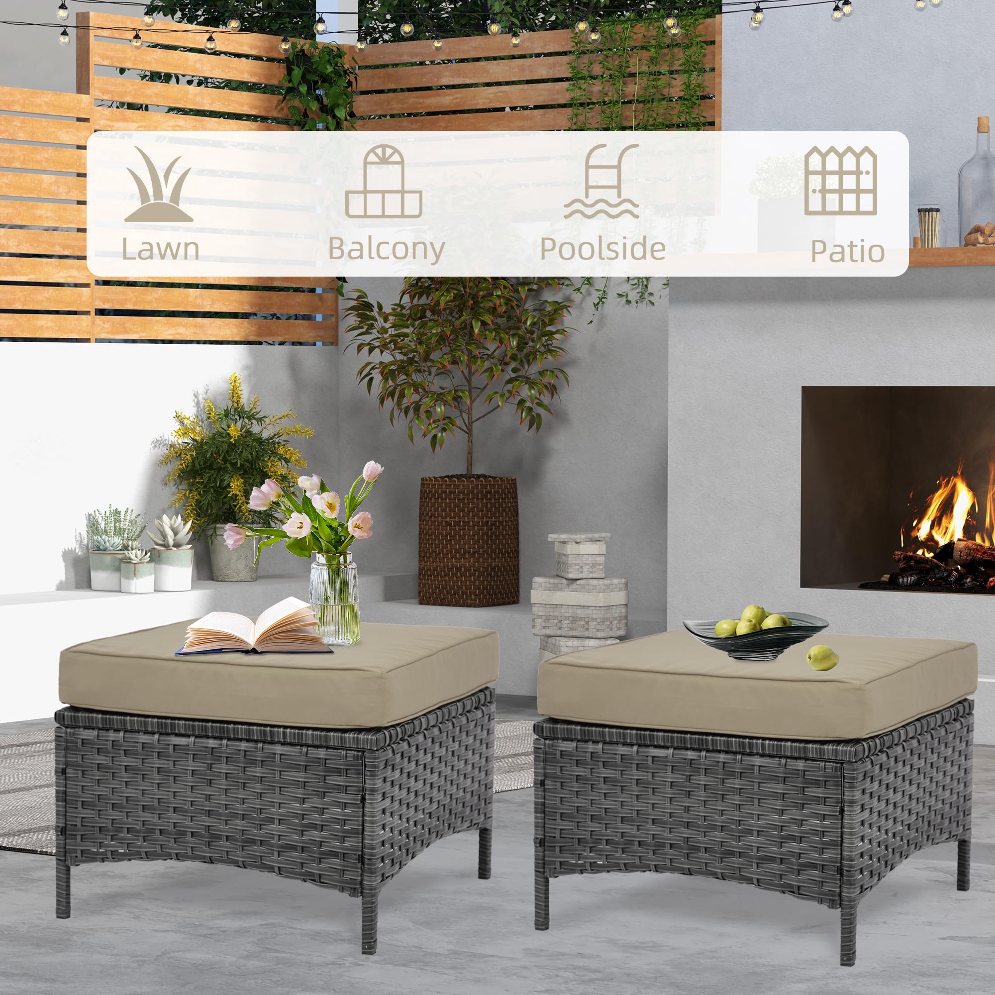 Outdoor Wicker Ottoman Set of 2
