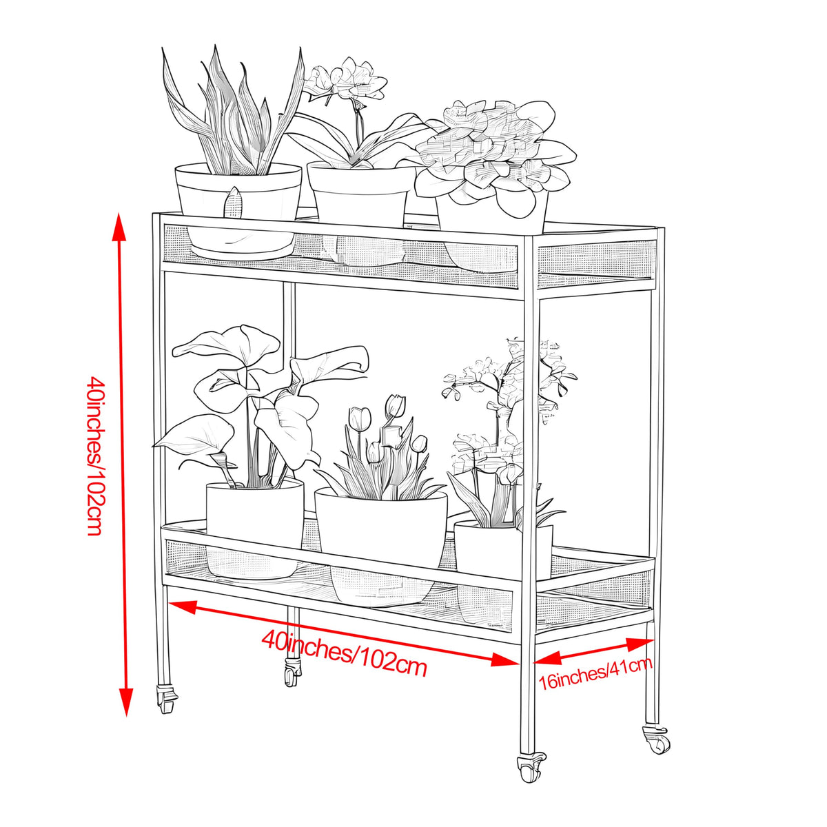 DHYGOTFUR 2-Tier Aluminum Plant Stand Outdoor with Wheels &Grid Guardrails