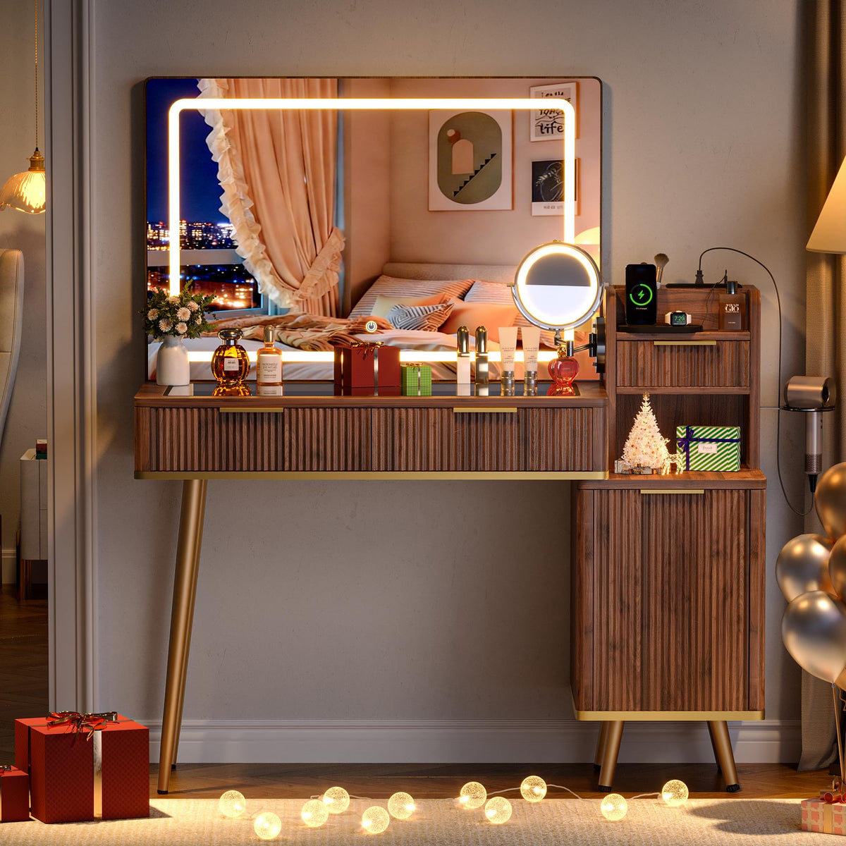 Fluted Glass Top LED Makeup Vanity