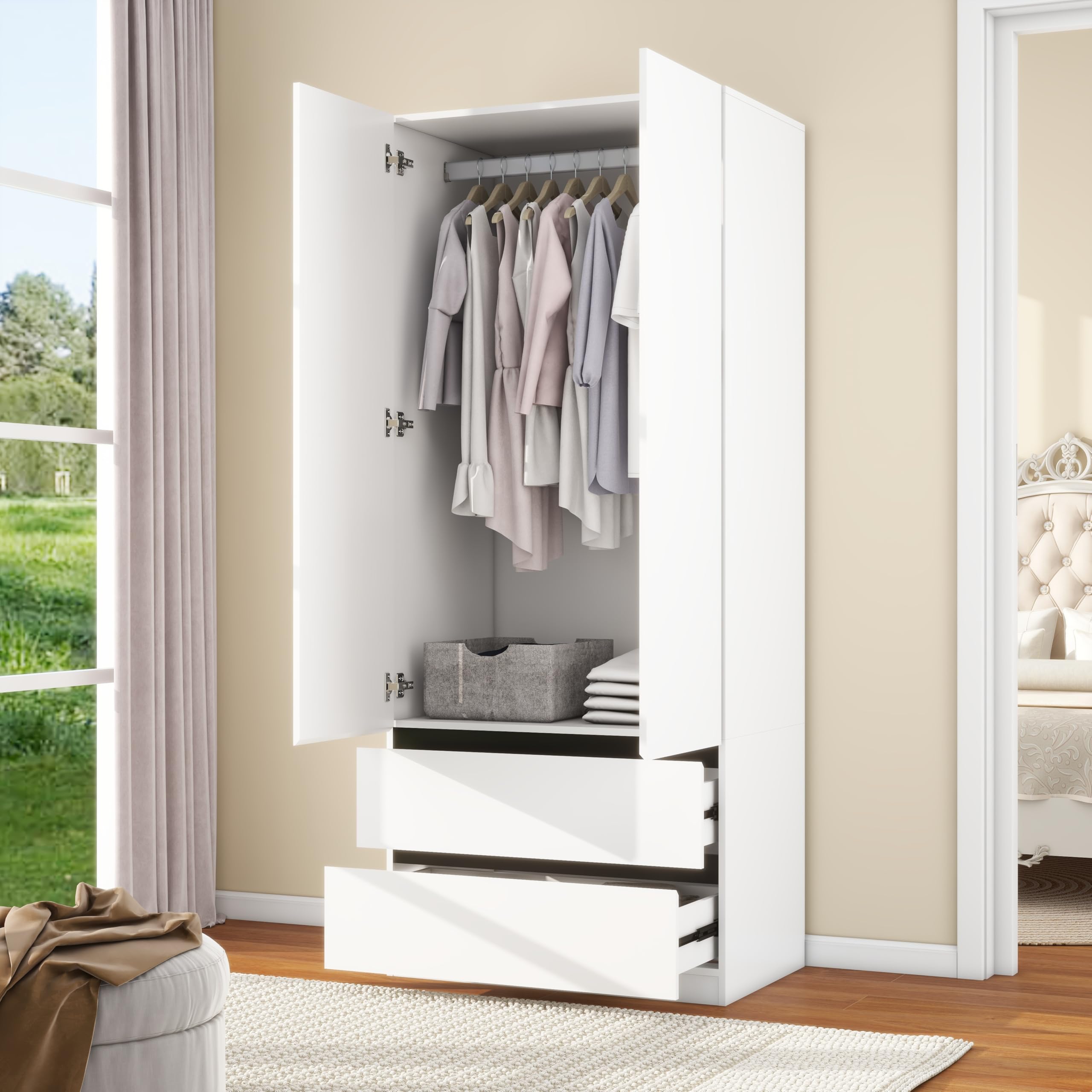 White Wardrobe Closet with 2 Doors & Drawers
