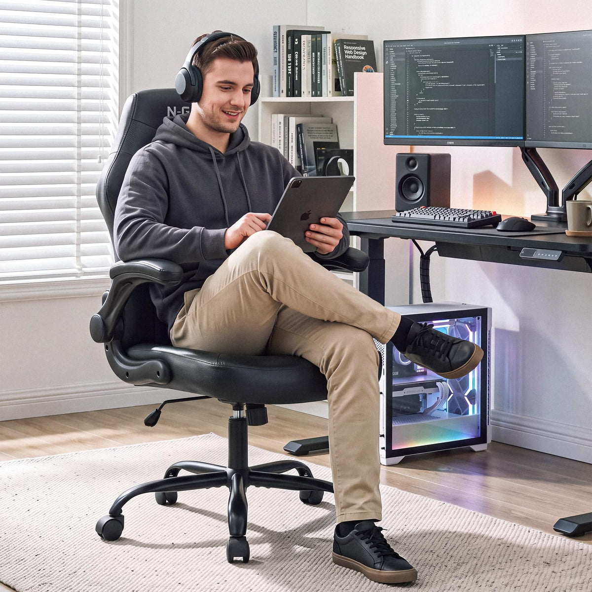 N-GEN GAMING Gaming Chair, Lumbar, PU Leather, Flip-Up Arms, Jet Black