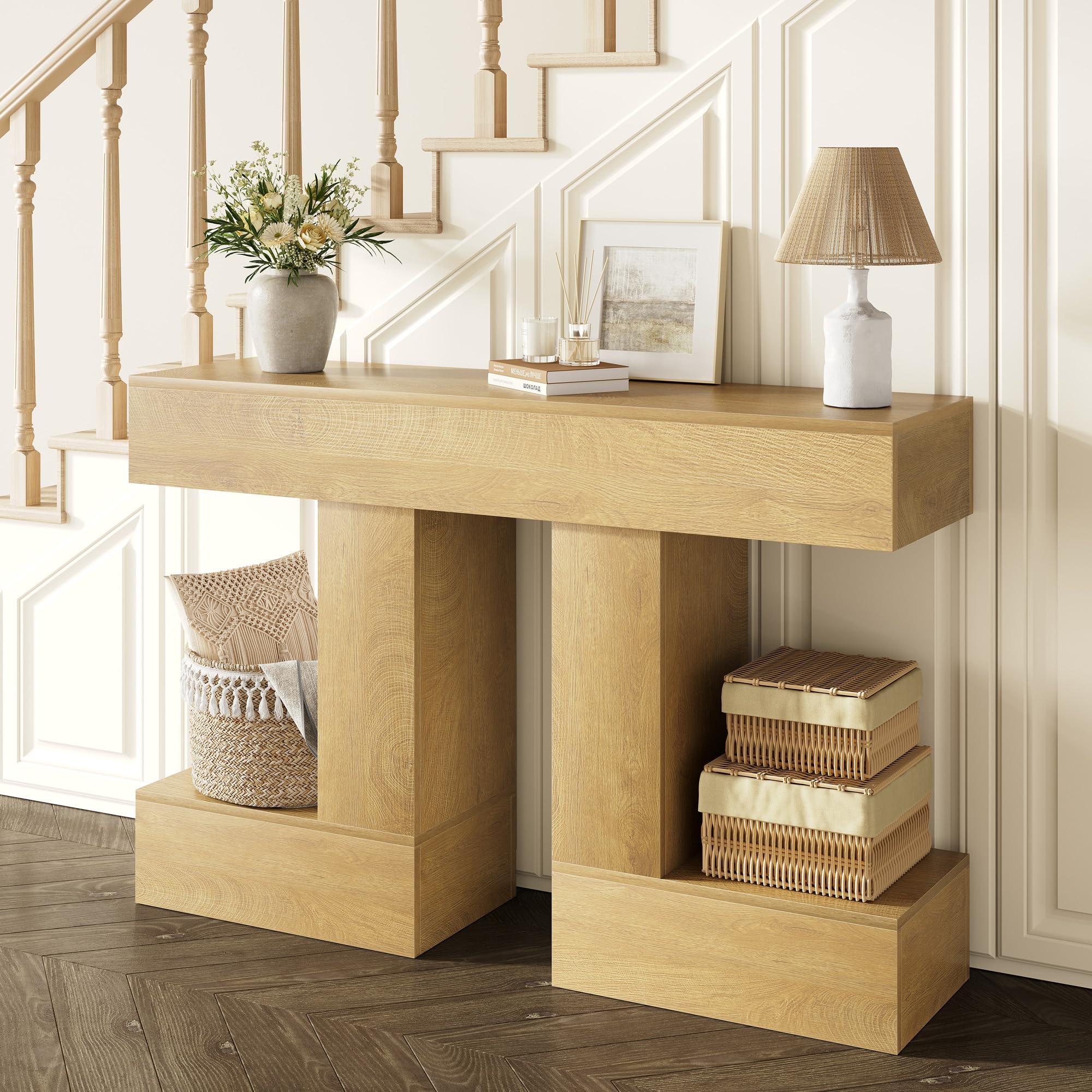 Vividwood 47.24-Inch Console Table, Farmhouse Sofa Table Behind Couch with Storage, Industrial Entryway Table for Living Room, Hallway, Entrance & Foyer, Natural Wood Finish