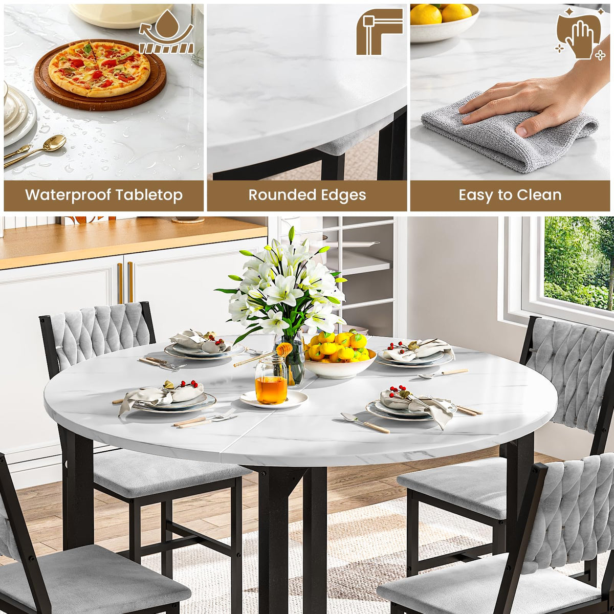 AWQM Round Dining Table Set for 4, Velvet Chair, Kitchen Table Set, White