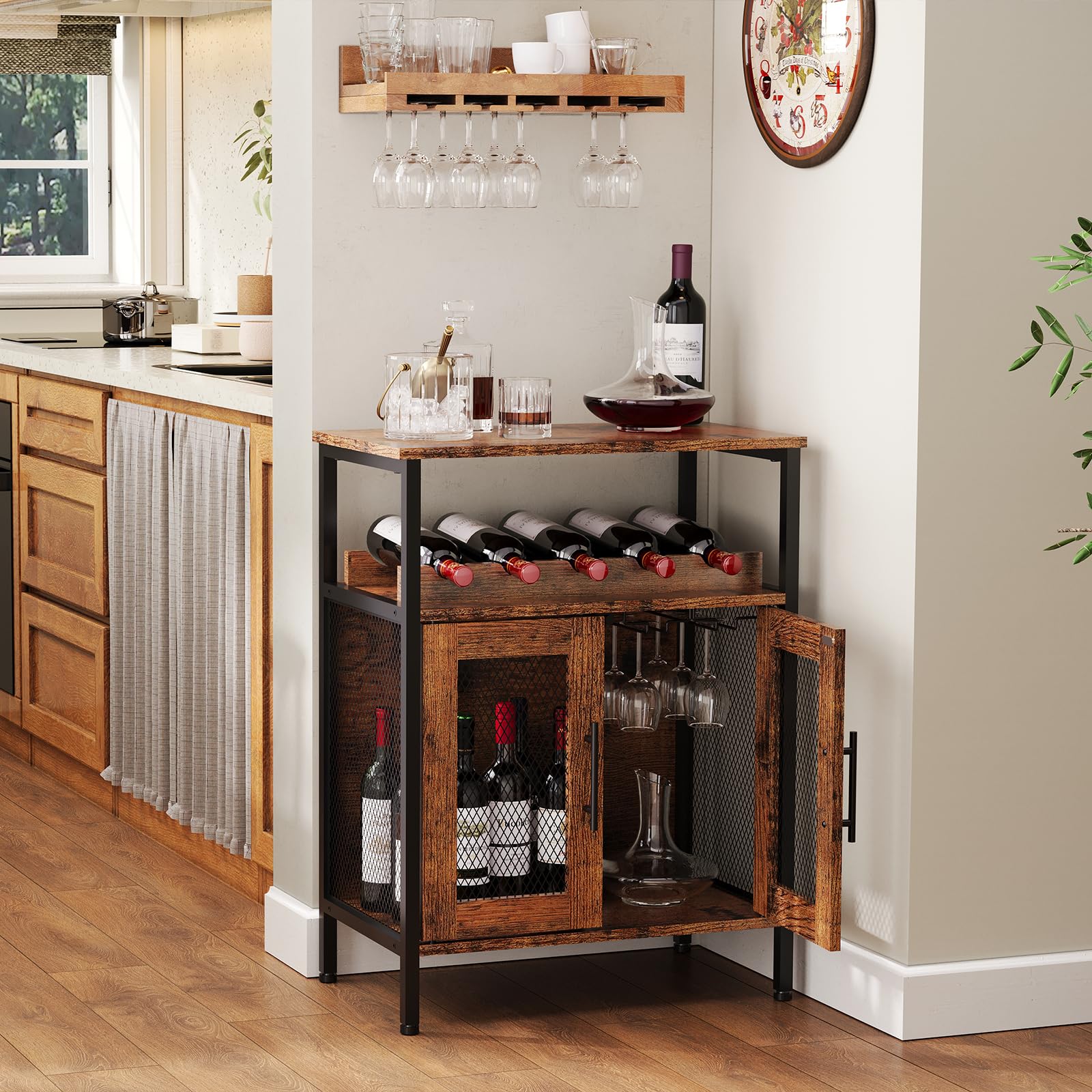 Wine Bar Cabinet with Detachable Wine Rack, Glass Holder & Mesh Door