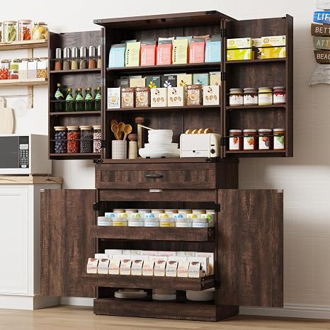71" Tall Farmhouse Kitchen Pantry Cabinet with 3 Drawers & 6 Barn Doors