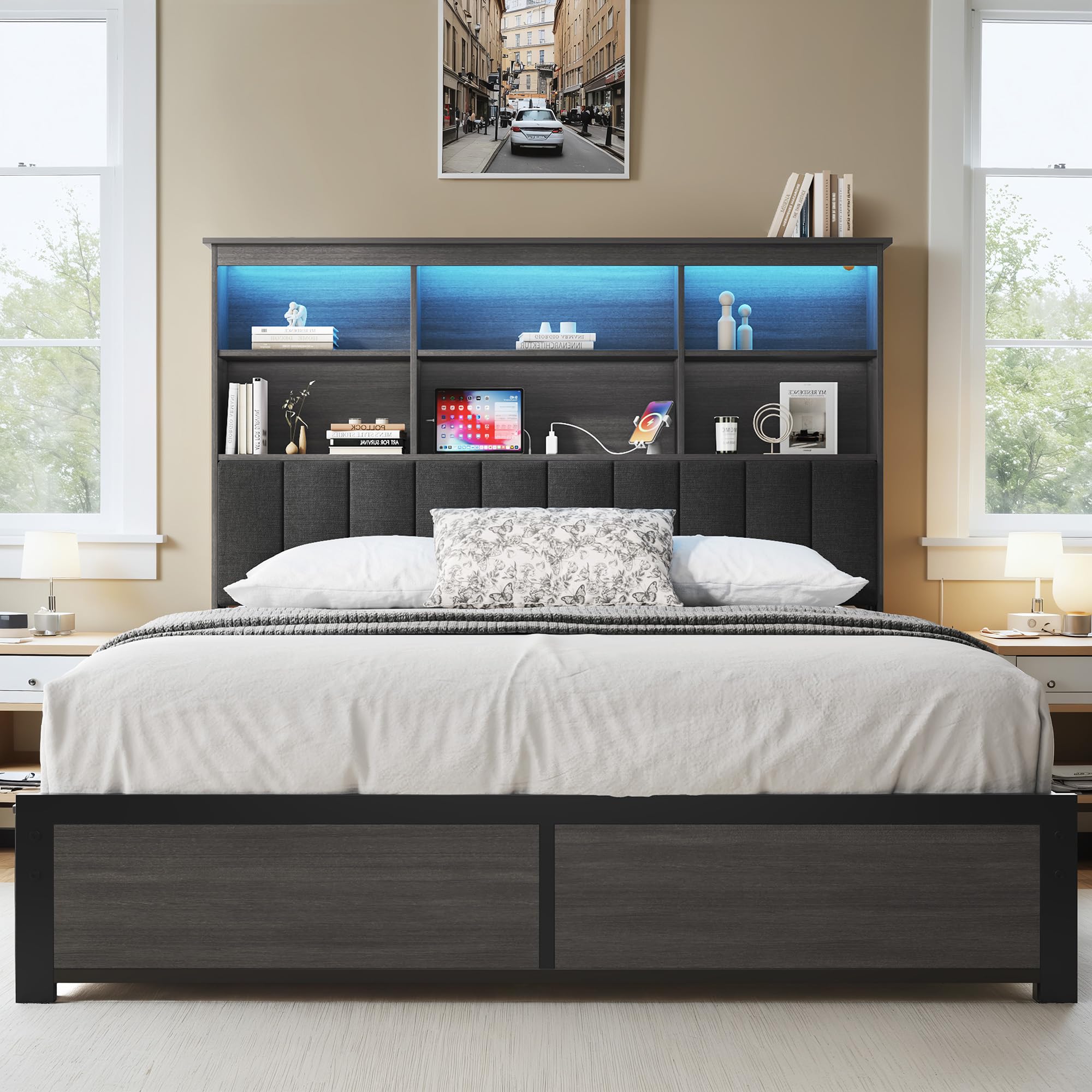 Rustic Bed Frame with Storage Headboard, Drawers & LED