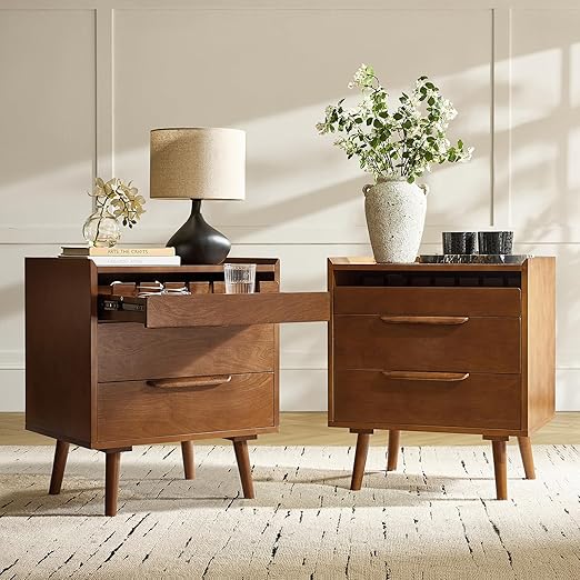 Mid-Century End Table with Charging Station & 3 Drawers