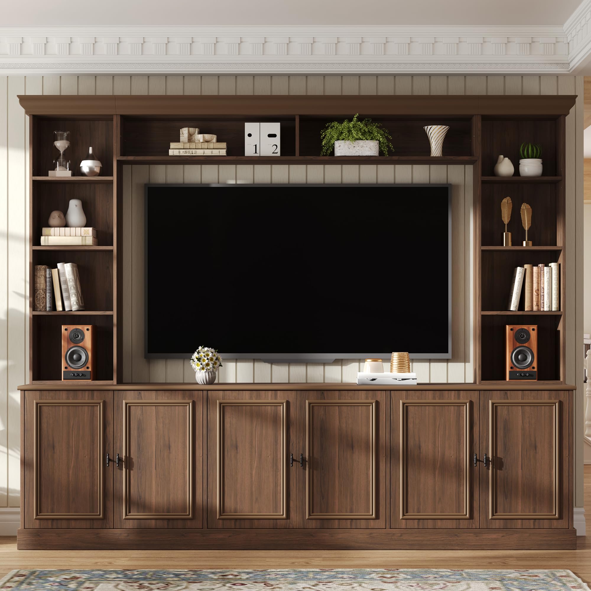 SOFTSEA 4-Piece Entertainment Center Wall Unit for TVs up to 70", Large TV Stand with 6 Doors & Adjustable Shelves, Mid-Century Modern Wall Unit with Bookshelves for Living Room, Walnut