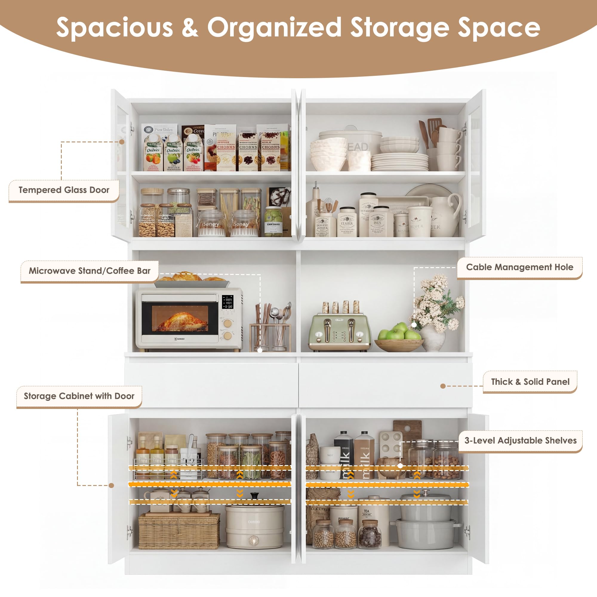 Kitchen Pantry Storage Cabinet with Glass Doors