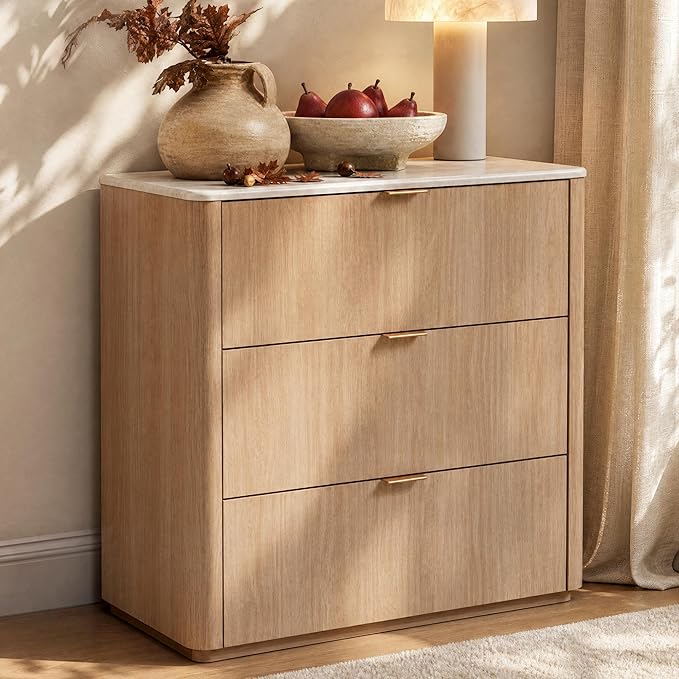 3-Drawer Dresser with Faux Travertine Top & Curved Profile