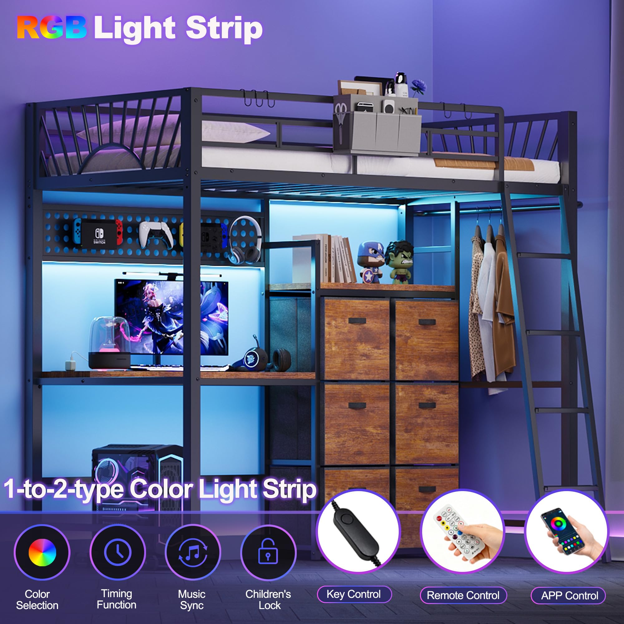 Twin Metal Loft Bed with Desk