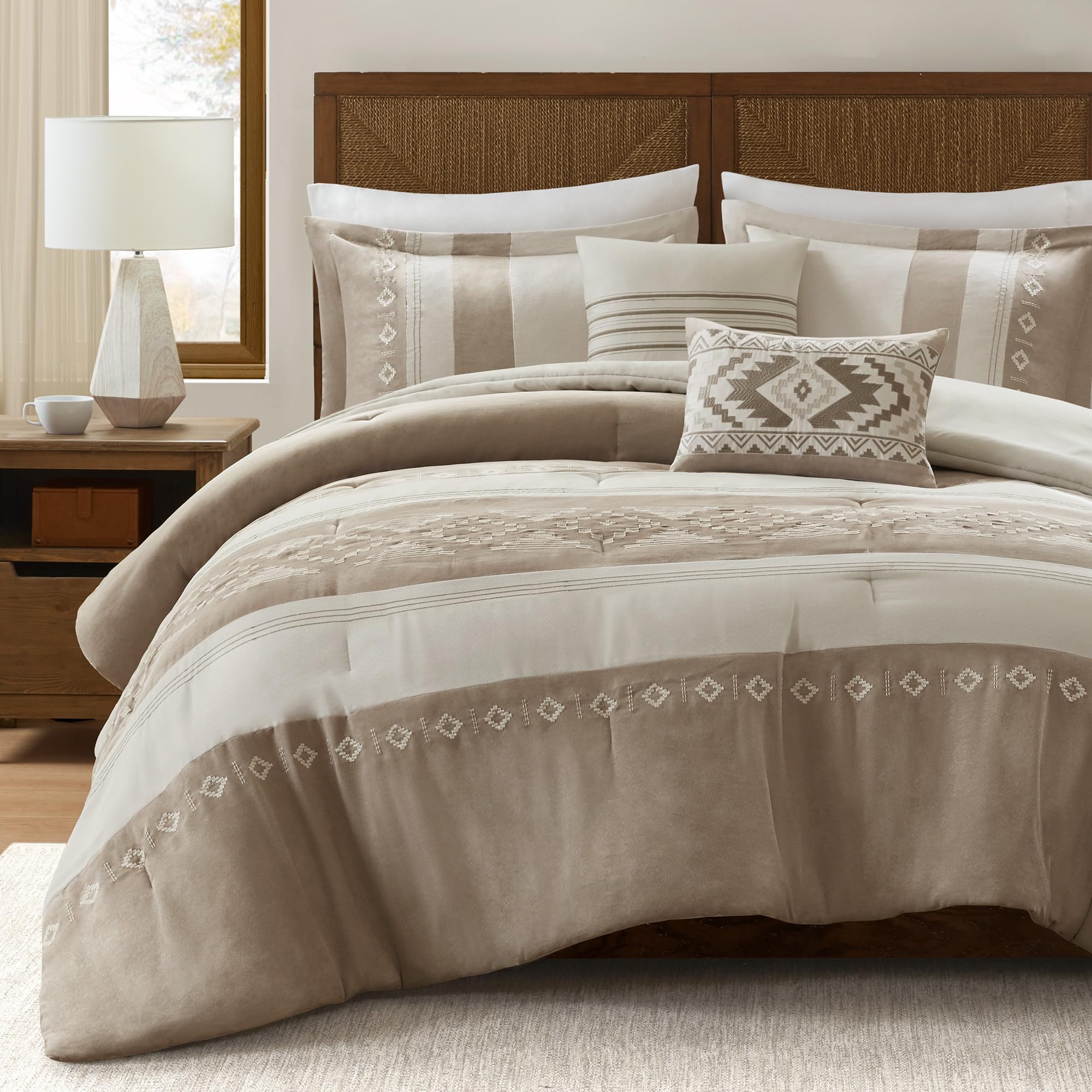 King Comforter Set – 5-Piece Microsuede Embroidered Bedding with Decorative Pillows, Taupe