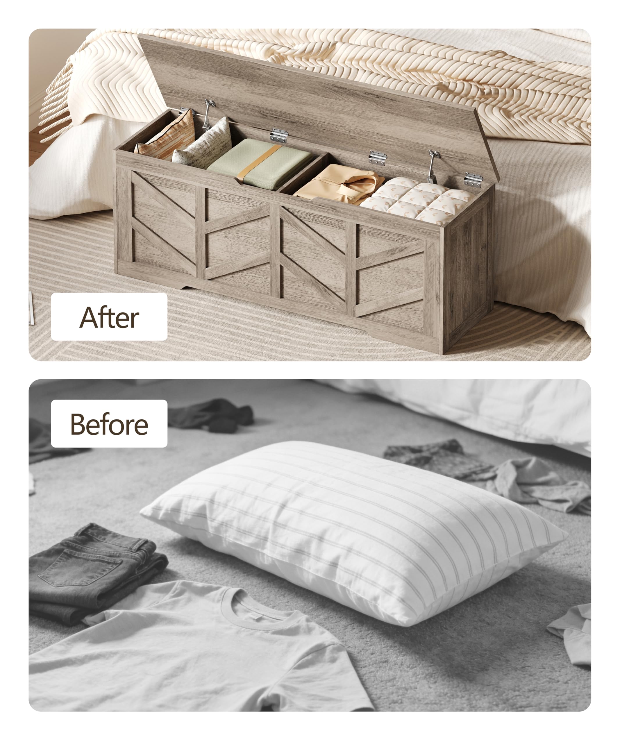 Zeibospri 51.2" Storage Chest, Extra Large Storage Bench with 2 Safety Hinges, Storage Trunk Supports 330 lb, Wooden Blanket Storage for Bedroom, livingroom, entryway, Greige