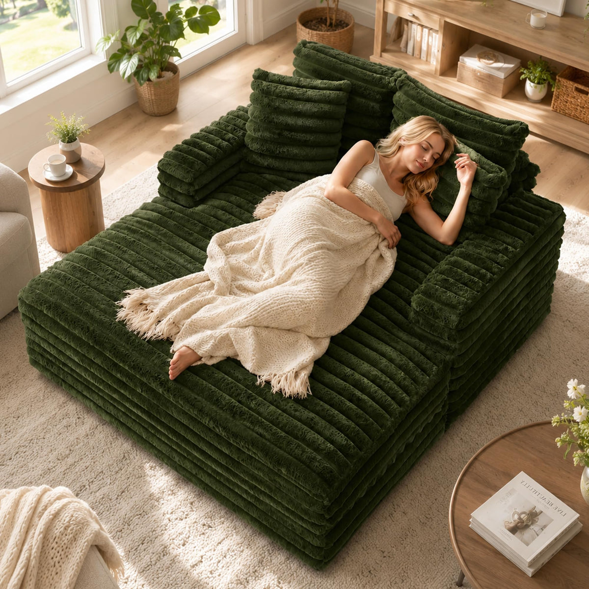 TUNYI Oversized Chaise Lounge Chair Indoor, Faux Fur Upholstered Sofa Bed with Wood Frame, Sleeper Couch Throw Pillow and Armrest for Living Room, Movie Room, Bedroom, Guest Room (Green)