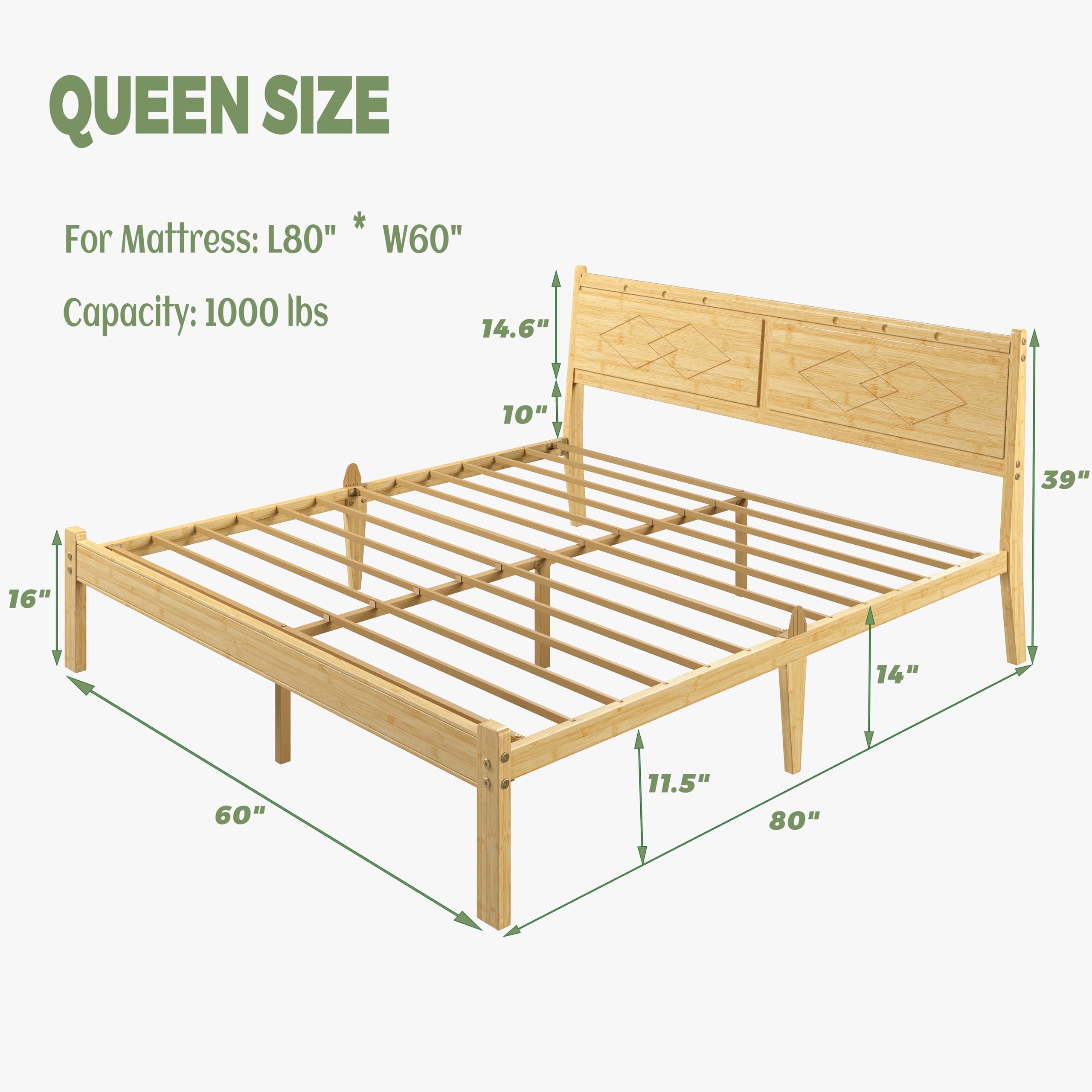 Bamboo & Iron Platform Bed Frame with Headboard | 14-Inch Clearance