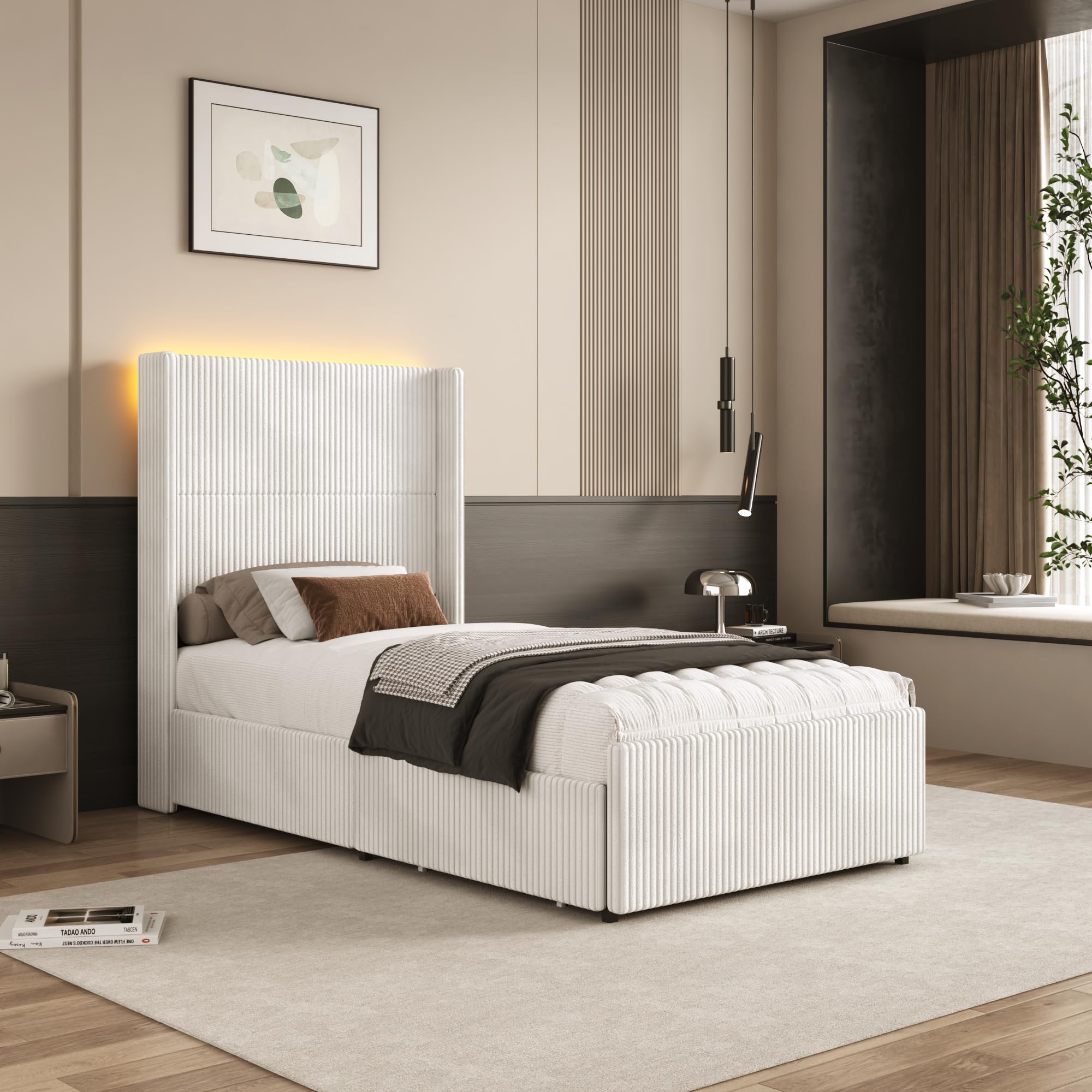 Hlivelood Twin Size Bed Frame with 52” Tall Corduroy Wingback Headboard, Upholstered Platform Bed with 2 Storage Drawers & LED Lights, Vertical Stripes, No Box Spring Needed, Noise-Free, Cream