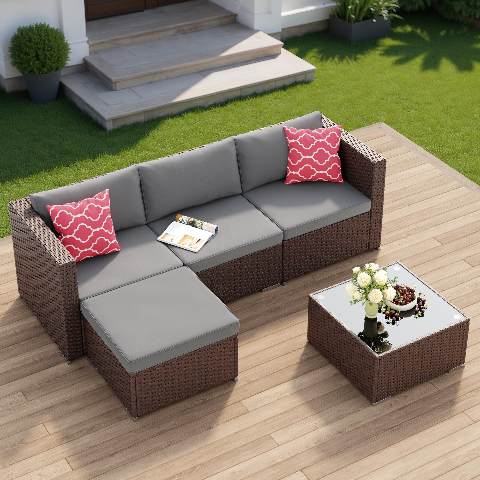 5-Piece Outdoor Wicker Sectional Set with Cushions & Glass Table