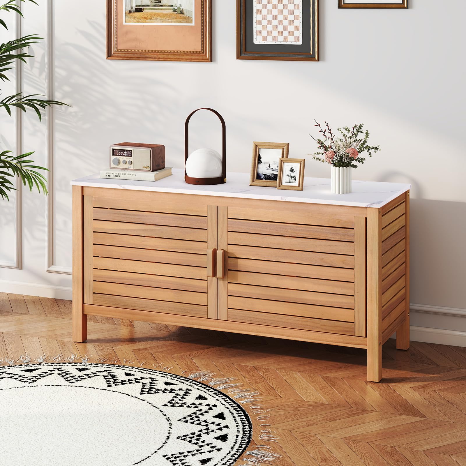 Acacia Wood Outdoor Storage Cabinet with Faux Marble Top