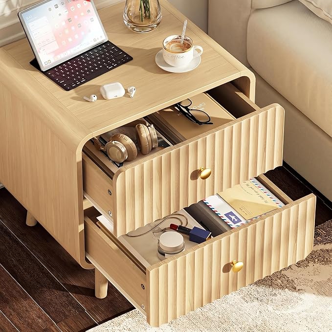 Fluted Nightstand with 2 Drawers – Oak